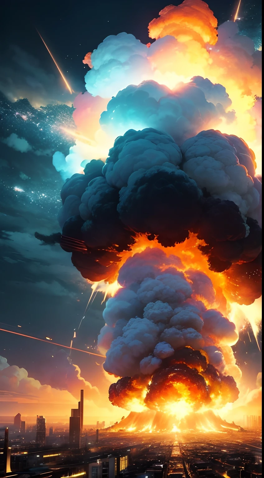 explosion artstyle, (masterpiece),best quality, an giant explosion in a city at night, explosion, landscape, city at night,(night), smoke mushroom, bright explosion, nuclear explosion, colossal, horizont, destruction, impact wave, impact, circular explosion, explosion clouds, high temperature,buildings, epic, explosion focus, ((epic light, epic shadows)), hellish landscape, thunders, end of the world, apocalypse, beautful sky, agressive clouds, colorful BREAK an explosion at night, the destruction of a city, the image transmit and epic feeling, is a sad image, the explosion is in the center of the image, the explosion is colorful, there is a high contrast of colors, the top of the image is dark, the middle of the image is bright, the top of the clouds are dark