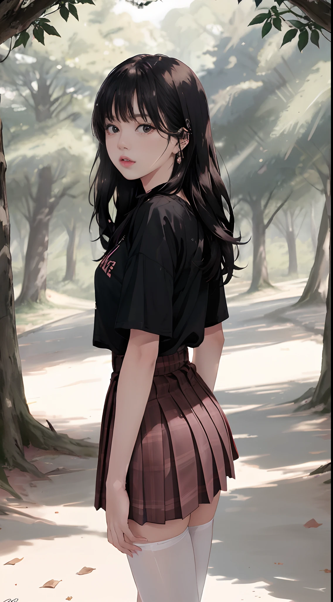 ((Lisa from Blackpink)), very tall girl, t-shirt, tiny pleated skirt, tilted forward, red_color_panties exposed, black pantyhose to the waist, high heels, close-up from ass to face, very light skin, very long hair , wavy hair, camp, forest, photorealistic, indirect lighting, volumetric light, ray tracing, hyperdetailed, best quality, high resolution, HDR, 8k