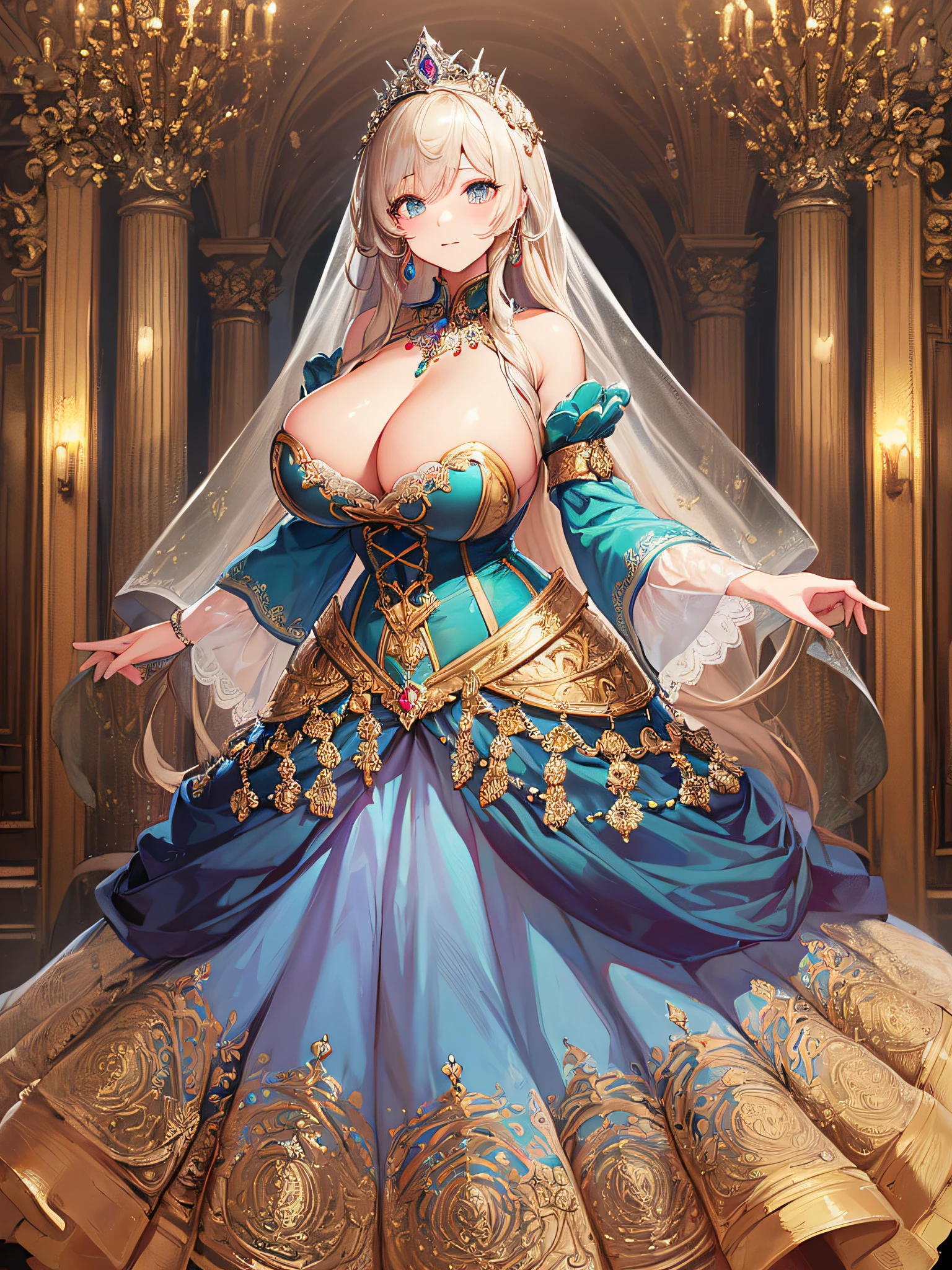 (masterpiece, best quality,extremely detailed:1.1),(moe anime art style:1.3),1girl,((full body,focus face)),((solo)), cute, kawaii,digital art,((1 princess wearing beautiful embroidery and jeweled gorgeous princess rococo ballgown with voluminous full length hoop skirt)),((crinoline)),long train,voluminous frills,See-through,(gorgeous embroidery and beautiful lace),(((gigantic boobs,skindentation))),cleavage,shiny hair,(((very long hair,very long straight hair))),((finely detailed face and eyes)),clear pupil,extremely gorgeousfull hair ornament,(bling-bling jeweled extremely gorgeousfull tiara),(bling-bling gorgeous gemstone jewelry),long veil,(beautiful background),full body,((beautiful embroidery and jeweled gorgeous princess rococo ballgown with voluminous full length hoop skirt))