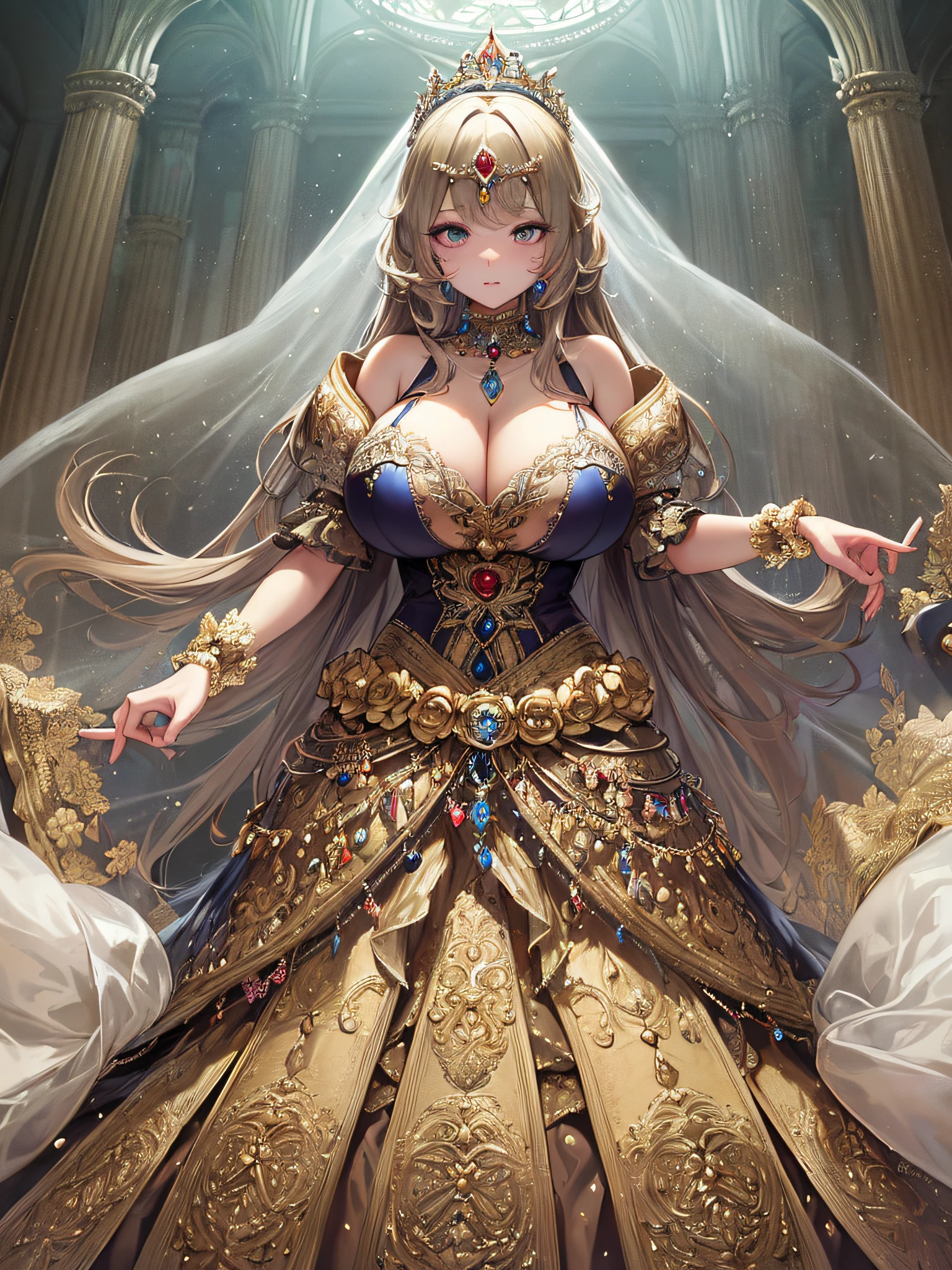 (masterpiece, best quality,extremely detailed:1.1),(moe anime art style:1.3),1girl,((full body,focus face)),((solo)), cute, kawaii,digital art,((1 princess wearing beautiful embroidery and jeweled gorgeous princess rococo ballgown with voluminous full length hoop skirt)),((crinoline)),long train,voluminous frills,See-through,(gorgeous embroidery and beautiful lace),(((gigantic boobs,skindentation))),cleavage,shiny hair,(((very long hair,very long straight hair))),((finely detailed face and eyes)),clear pupil,extremely gorgeousfull hair ornament,(bling-bling jeweled extremely gorgeousfull tiara),(bling-bling gorgeous gemstone jewelry),long veil,(beautiful background),full body,((beautiful embroidery and jeweled gorgeous princess rococo ballgown with voluminous full length hoop skirt))