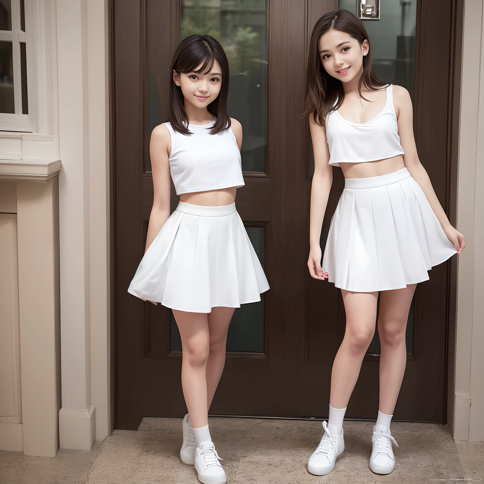 masterpiece, highest quality, full body , 2girls, two sisters, standing, ((18 years old)), (instagram photo), ((short)), ((small breasts)), petite body, white top, (conservative skirt), brown hair, white shoes, smiling, innocent face, innocent, young, detailed