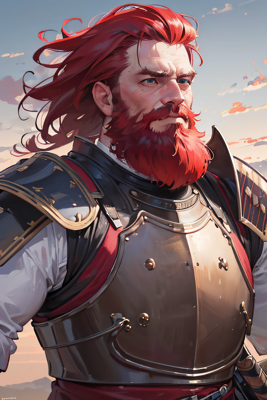 (best quality,4k,8k,highres,masterpiece:1.2),ultra-detailed,(realistic,photorealistic,photo-realistic:1.37),middle-aged man,red-haired man,bearded man,man with long red beard and sideburns,wearing burgundy plate armor,carrying a large sword