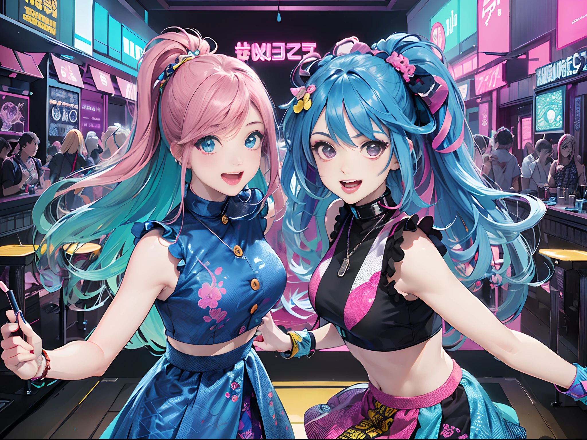 An anime illustration of 2 happy cyberpunk girls, confident laughing cyberpunk girls, ((revealing Harajuku-inspired pop outfit)), bold colors and patterns, eye-catching accessories, trendy and innovative hairstyle, vibrant makeup, ((dynamic pose)), nightclub interior with people dancing, glowing LED lights, bright and vivid color scheme, anime, illustration, (beautiful detailed face), intricate details, ultra detailed.
