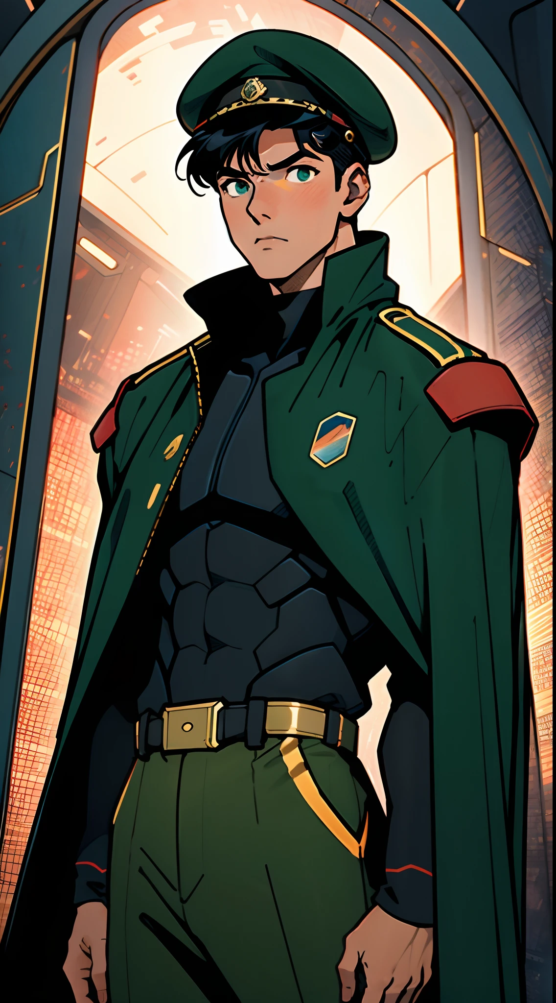 1 man, a man with black short hair, a beret on his head, icy and resolute eyes, a refined face, no expression, wears a two-piece futuristic military-style outfit, tall and slender, wears a light-colored Chinese-style undershirt, a short cape, primarily in shades of green and white, accented by touches of red and yellow, wears dark pants, holds a futuristic-style long metal rod in his hands, set within the futuristic sci-fi atmosphere of a spaceship, this character embodies a finely crafted a futuristic sci-fi military officer in anime style, characterized by an exquisite and mature manga illustration art style, high definition, best quality, highres, ultra-detailed, ultra-fine painting, extremely delicate, professional, anatomically correct, symmetrical face, extremely detailed eyes and face, high quality eyes, creativity, RAW photo, UHD, 8k, Natural light, cinematic lighting, masterpiece:1.5