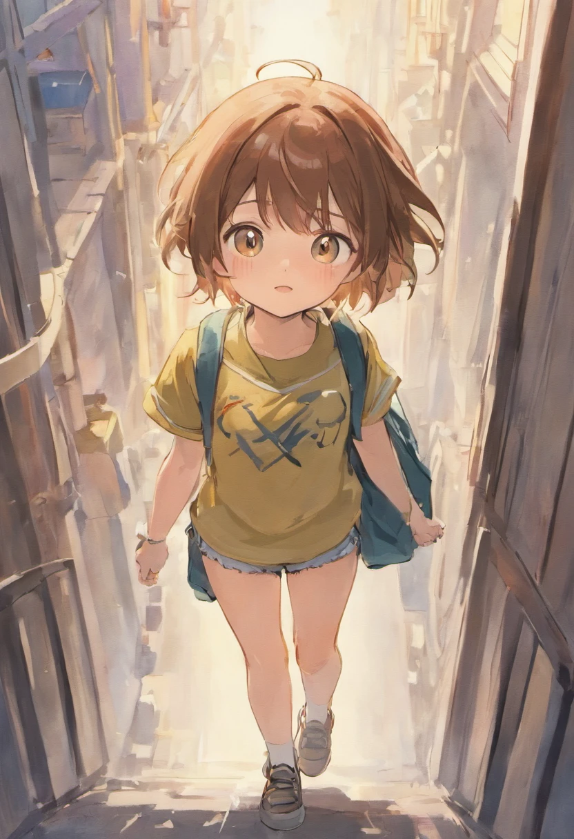 The Little Explorer, various poses and expressions on white background, children's book illustration style, simple, Cute, 6 years old, Colors, short brown hair, plain color, white short-sleeved shirt, Denim shorts without a belt, without hat, without book, without glasses, without backpack