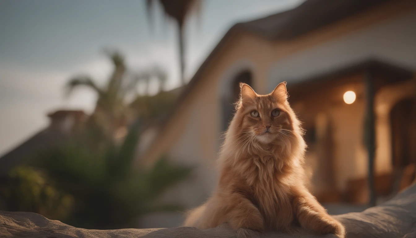 Create a stunning image of a cute cat sitting gracefully on a rooftop with swaying palm trees in the background. #Cat on the roof #Palm tree #Artistic photo, sunset, thatched house. High quality and contrast photography, Unreal Engine 5, wide angle of view, depth of field, hyper detail skin, color correction, crazy details, color correction, surrealism, life-like (highest quality, masterpiece, 4k, ultra detail, sharp) focus, 8k , high definition, incredibly detailed and complex: 1.2) High definition and contrast photography, Unreal Engine 5, wide field of view, depth of field, highly detailed skin, color correction, crazy details, color correction, surrealism, real live (highest quality, masterpiece, 4k, Extremely detailed, sharply focused, 8k, high definition, incredibly detailed, complex: 1.2)