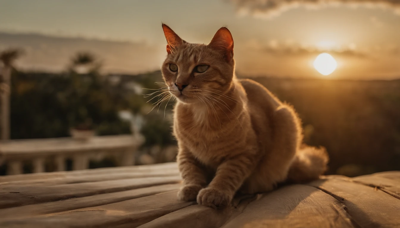 Create a stunning image of a cute cat sitting gracefully on a rooftop with swaying palm trees in the background. #Cat on the roof #Palm tree #Artistic photo, sunset, thatched house. High quality and contrast photography, Unreal Engine 5, wide angle of view, depth of field, hyper detail skin, color correction, crazy details, color correction, surrealism, life-like (highest quality, masterpiece, 4k, ultra detail, sharp) focus, 8k , high definition, incredibly detailed and complex: 1.2) High definition and contrast photography, Unreal Engine 5, wide field of view, depth of field, highly detailed skin, color correction, crazy details, color correction, surrealism, real live (highest quality, masterpiece, 4k, Extremely detailed, sharply focused, 8k, high definition, incredibly detailed, complex: 1.2)