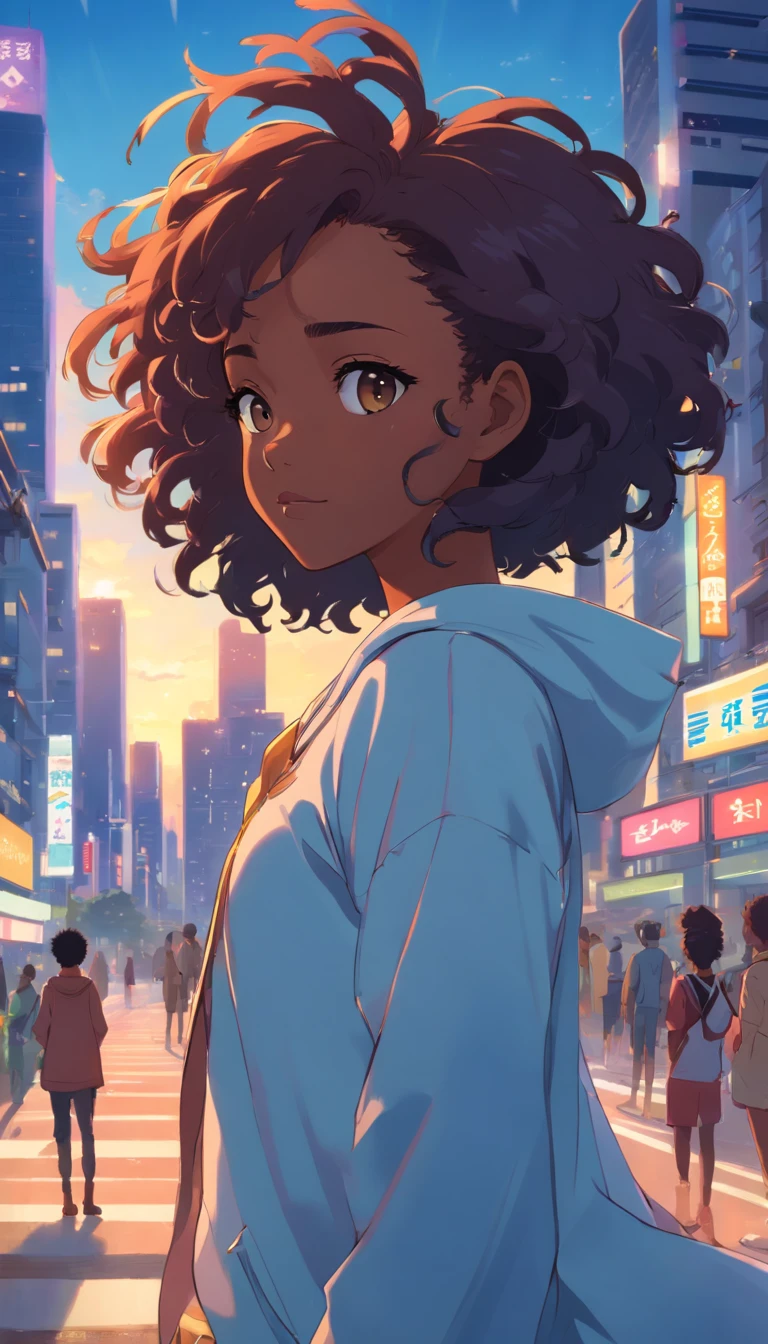 afrofuturism, with afro, afro, curly afro, looks like fabiula nascimento, long afro hair, beautiful city black woman only, maria borges, gorgeous woman, malika favre, black young woman with the France national team jersey in anime style , Standard scenario , olhar fixo , (( imagem sem deformidades )) , best resolution , melhor qualidade , obra prima