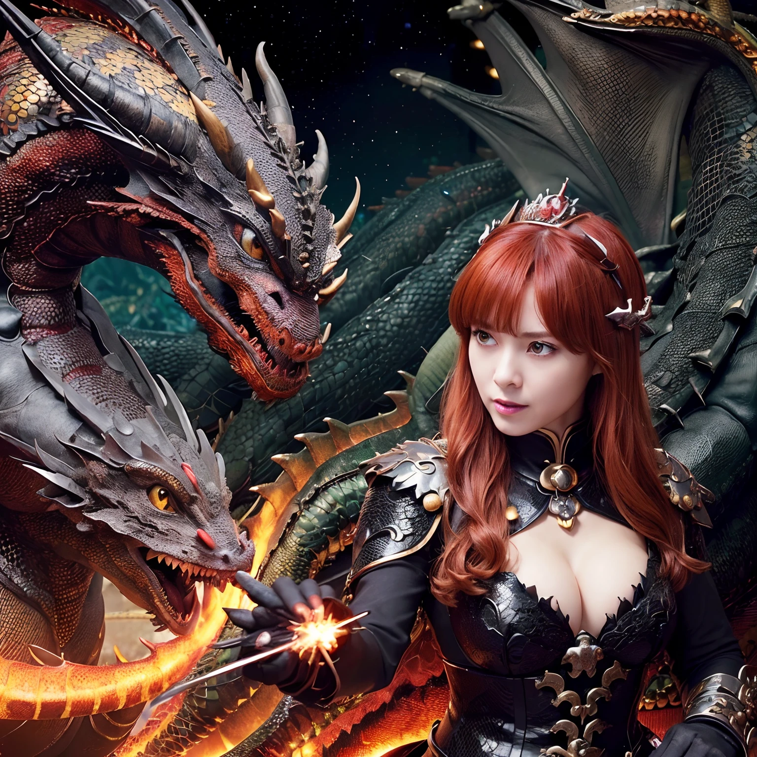 (The Ultimate Beauty Face), Professional , masterpiece、top-quality、photos realistic , depth of fields (Gemstone Black Metal Body:1.4),(Matte Black、(cleavage of the breast)、Dragon Gold Weapon,Mystical expression、Particles of light、((((Fight dragons)))、(Dragon Metal Body:1.4),Gorgeous Silver Weapons ,(( Dragon's dense and gorgeous sword)) , Beautiful knife ,warhammer 40k , adepta sororitas,Detail and gorgeous crown、((Red hair))、(Castle background)、、((Gangle's forest background))、Beautiful Caucasian beauty、1a person、dynamic ungle,(((Detailed and ornate Black Devil Crown)))、Smaller head、A smile、Castle background、Thin and beautiful female hands、cleavage of the breast、Soldier in iron armor on background、Mystical expression、Light Effects、intense fighting、Wind-effect、magic circles、With the legendary magic wand、(demonic wings)、