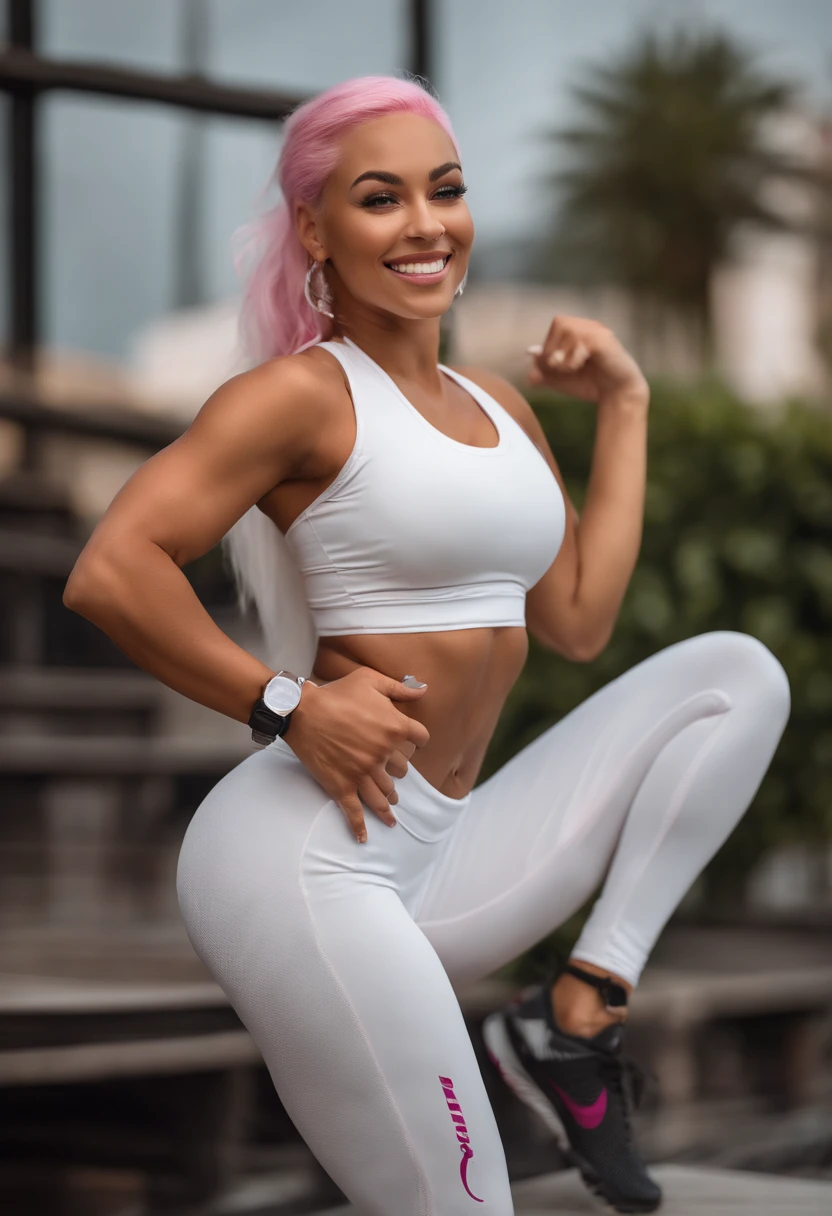 (best quality,ultra-detailed:1.2),ultrarealistic fitness model with white pink hair, smiling, very happy, with big boobs, bright caramel eyes, yoga top, yoga pants, nike, white pink hair, detailed face, defined muscles, vibrant energy, toned physique, flawless skin, natural lighting, intense workout session, confident pose, energetic atmosphere, dynamic composition, vivid colors, sharp focus