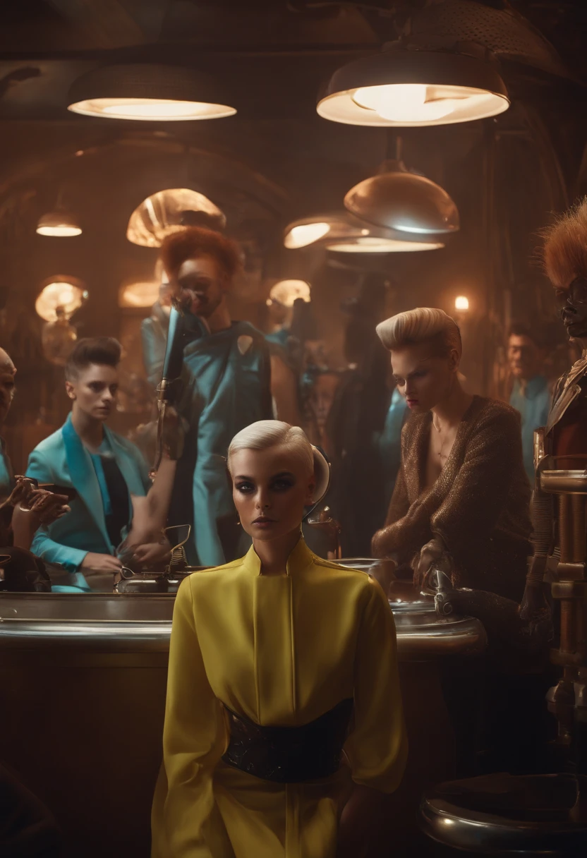 best quality,highres,(realistic:1.37),portrait,creature with oversized head,black eyes,alien barber shop,various different beings,colorful,extraterrestrial scene,stylish haircuts,unique hairstyles,mysterious atmosphere,sci-fi,unconventional,lighting effects,vibrant colors,otherworldly ambiance,exquisite details,creative characters,imaginative setting,outlandish fashion choices,striking visuals,captivating composition,intense stare,multiple eyes,futuristic elements,unusual shapes and forms,intergalactic creatures,unearthly barbershop equipment,dark background,sharp focus,fluid brush strokes,emotive expressions,unconventional perspectives,unpredictable narrative,engaging storytelling,eye-catching aesthetics,captivating narrative,hair styling expertise,intense energy,masterpiece:1.2