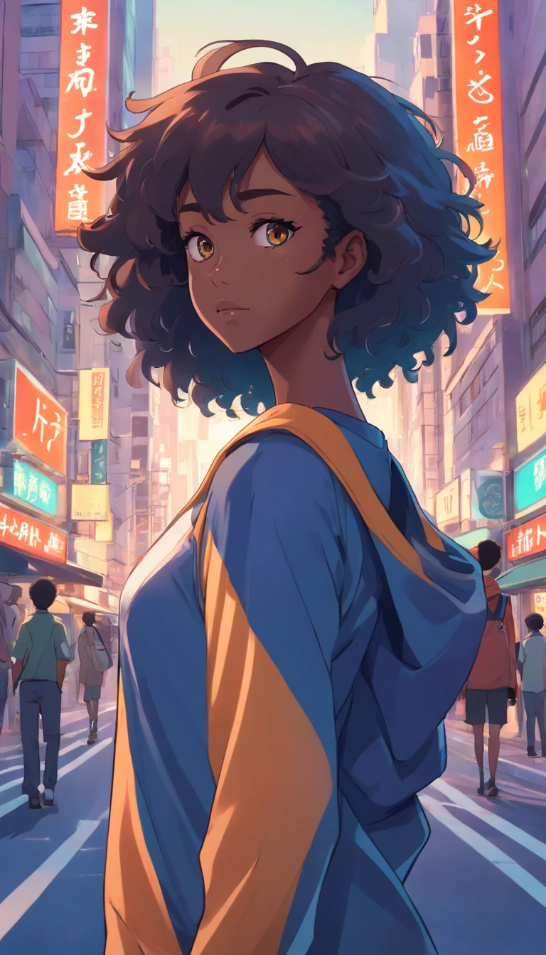 afrofuturism, with afro, afro, curly afro, long afro hair, beautiful city black woman only, maria borges, gorgeous woman, malika favre, black young woman with the France national team jersey in anime style , Standard scenario , olhar fixo , (( imagem sem deformidades )) , best resolution , melhor qualidade , obra prima
