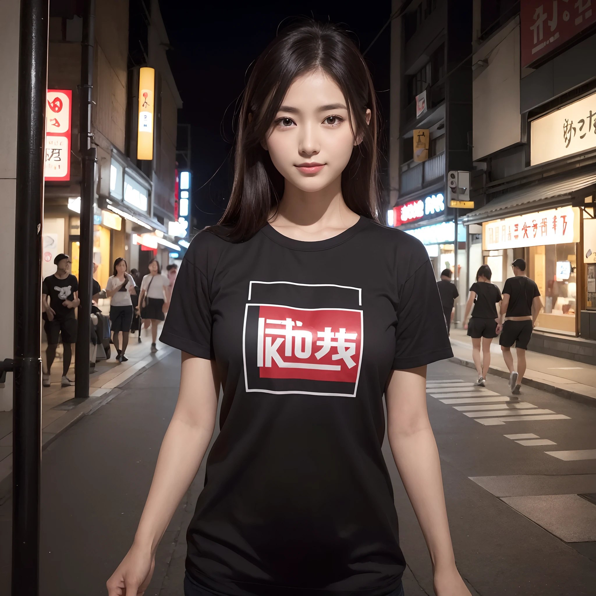 One beauty、((best qualtiy、8k masterpieces:1.3))、foco nítido:1.2、(ultra beautiful faces:1.0)、(shinny skin:1.0)、photos realistic、A dark-haired、Video Lighting、High-definition eyes and face、Video Lighting、25-year-old Japan actress、from the front side、medium breasts、Smile、Slender Abs Beauty、Whole body、Wearing a Japan T-shirt、In the downtown area at night