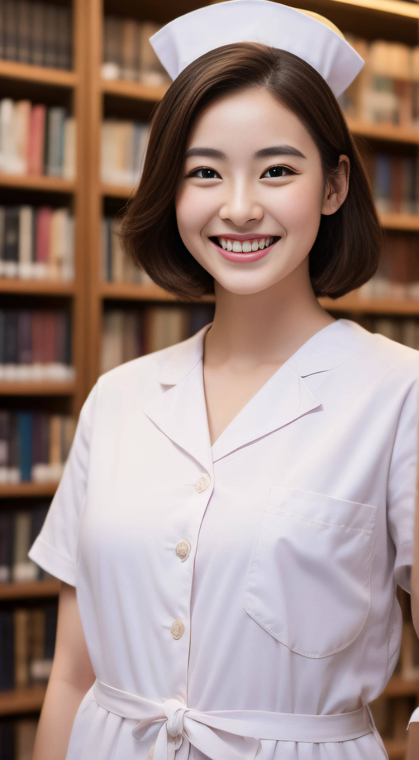 The face is a hostess、Clothes are nurse clothes、hiquality、A hyper-realistic、healthy、Smiling expression、Slender perfect figure、Japan beauties、beautidful eyes、face perfect、Beautiful skin、The background is the library