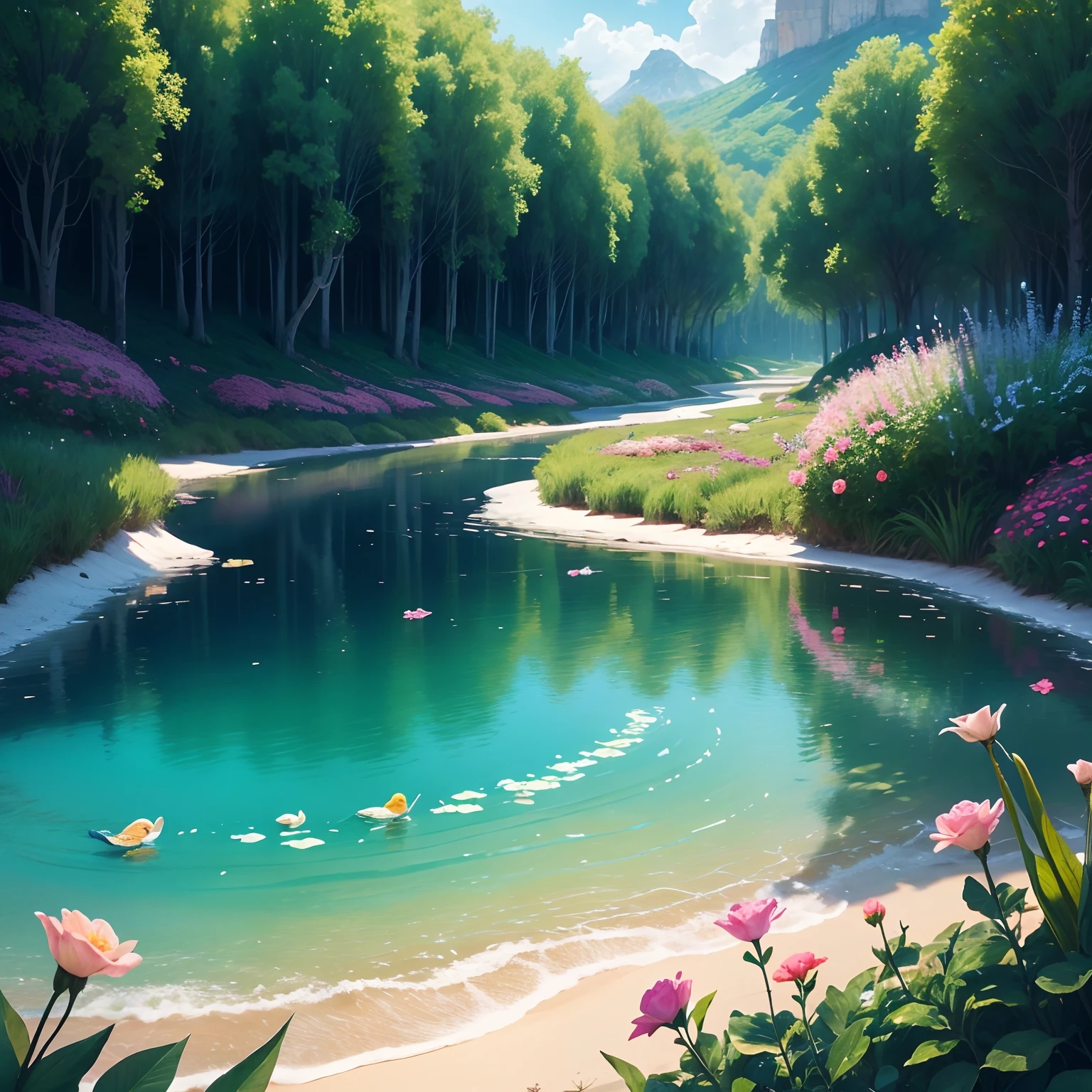 "A beautiful flowery field, com flores e rosas coloridas diamantes, crystal water, Sustainable homes in nature, arte realista, alta qualidade, realismo, lindas cores, rosas diamantes, super detalhado, hiper realista, natureza brilhante, rosas detalhas, rosas brilhosas, flores brilhantes, natureza resplandecente, arte viva, Enchanting paradise, nuvens entre folhas, nuvens entre a natureza, magical birds, wings of shining birds, cores naturais, pedras preciosas verdes, diamantes coloridos nas flores, diamantes coloridos nas rosas, HD, 10K.”