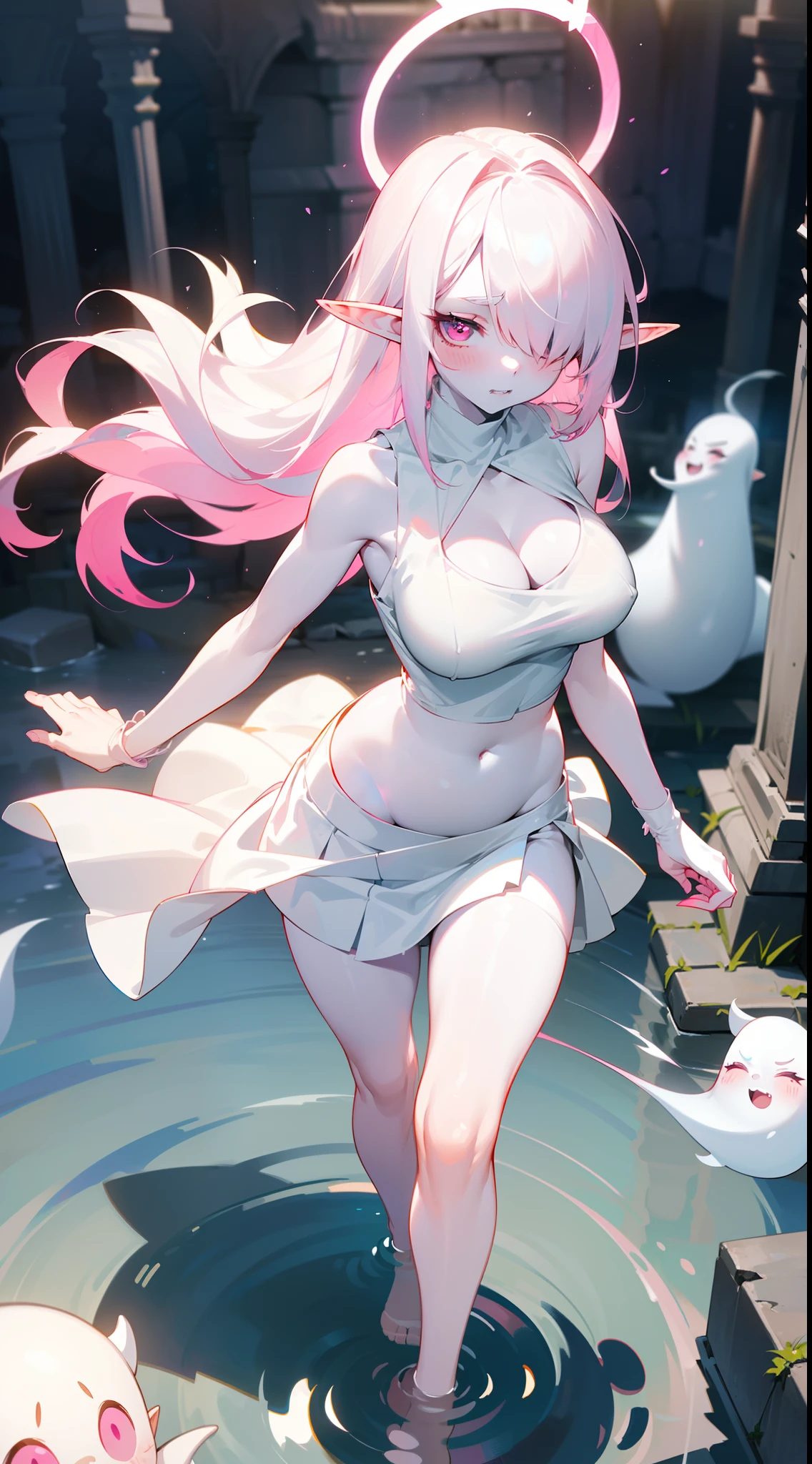Original Character,8k, Masterpiece, Best Quality,Detailed, Beautiful Detailed Eyes,fine skin),,1vampire girl,solo,pink eyes,white hair, long hair,(((white skin,colored skin,hair over one eye,pink halo))),sharp teeth, closed mouth,(large breasts),((show belly,white sleeveless and shoulderless t-shirt,cleavage,white skirt,bare foots,sexy,sensual,elf ear,blush)),((walking in water in front a stones ruins in night, cutes ghosts around)),night,pink halo,white skin,colored skin,serious expression,full body