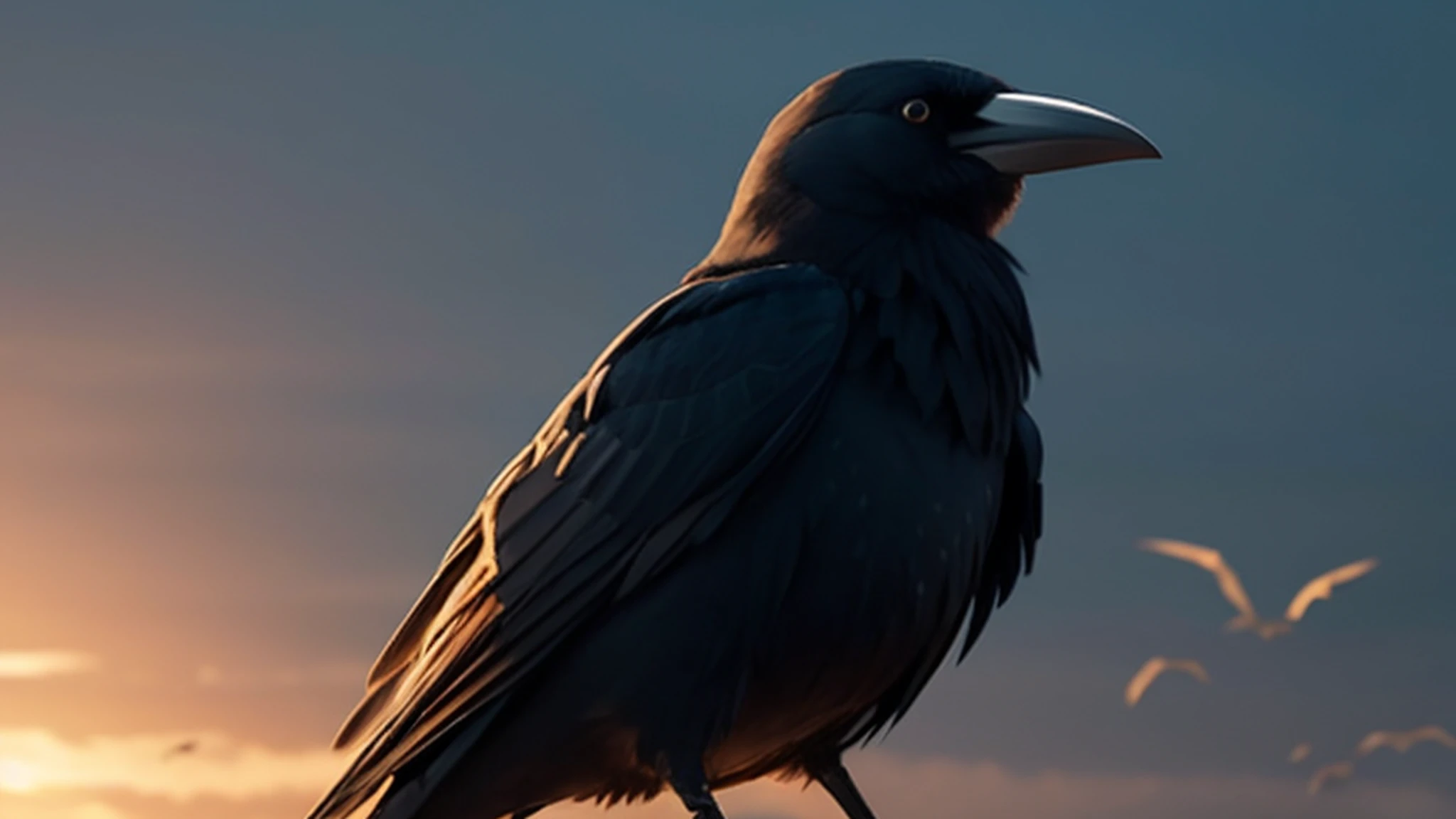 crows,Evening glow,masterpiece,top-quality,,,detailed face depiction,8K,Photorealistic,Realistic,professional photograpy