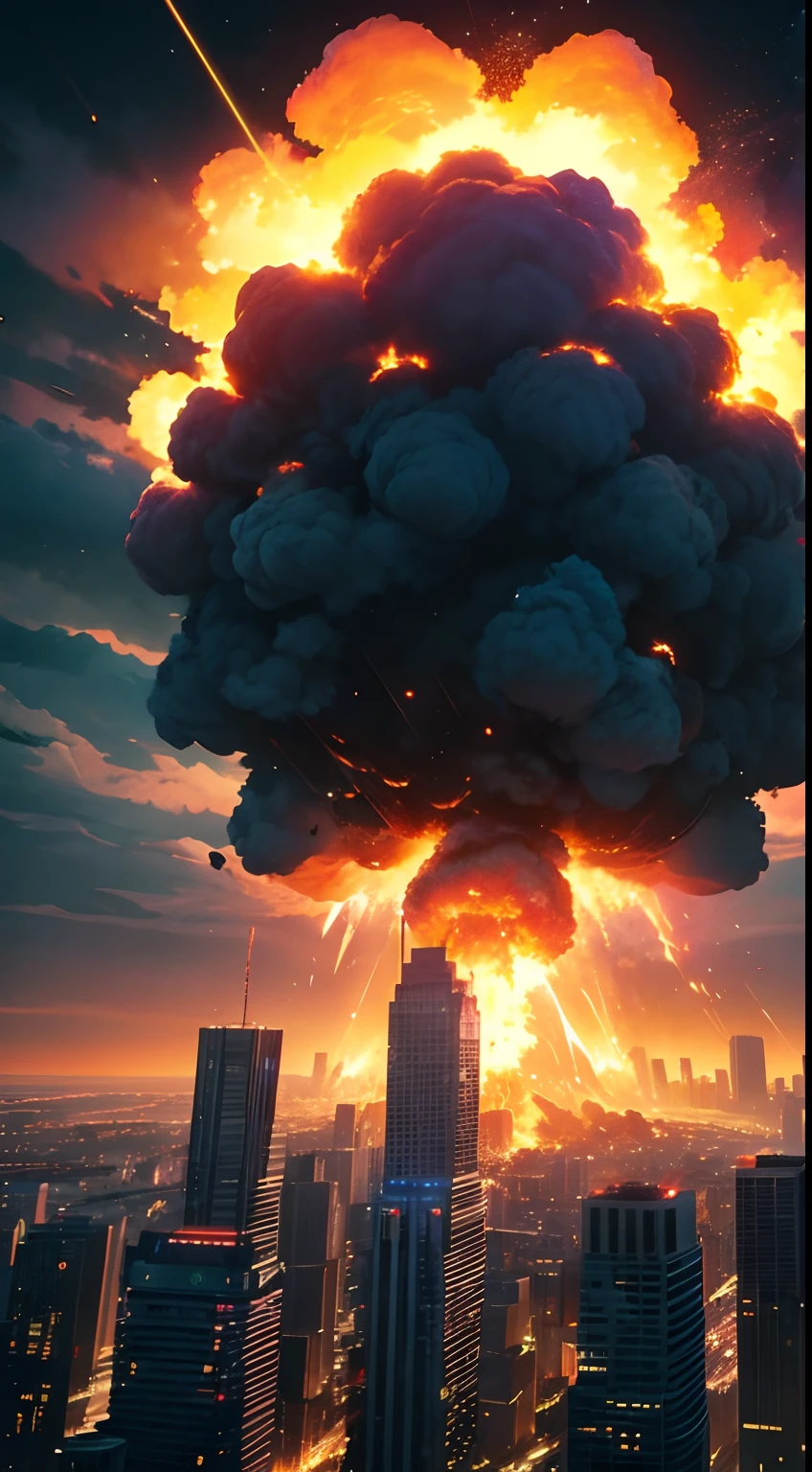 explosion artstyle, (masterpiece),best quality, an giant explosion in a city at night, explosion, landscape, city at night,(night), smoke mushroom, bright explosion, nuclear explosion, colossal, horizont, destruction, impact wave, impact, circular explosion, explosion clouds, high temperature,buildings, epic, explosion focus, ((epic light, epic shadows)), hellish landscape, thunders, end of the world, apocalypse, beautful sky, agressive clouds, colorful BREAK an explosion at night, the destruction of a city, the image transmit and epic feeling, is a sad image, the explosion is in the center of the image, the explosion is colorful, there is a high contrast of colors, the top of the image is dark, the middle of the image is bright, the top of the clouds are dark