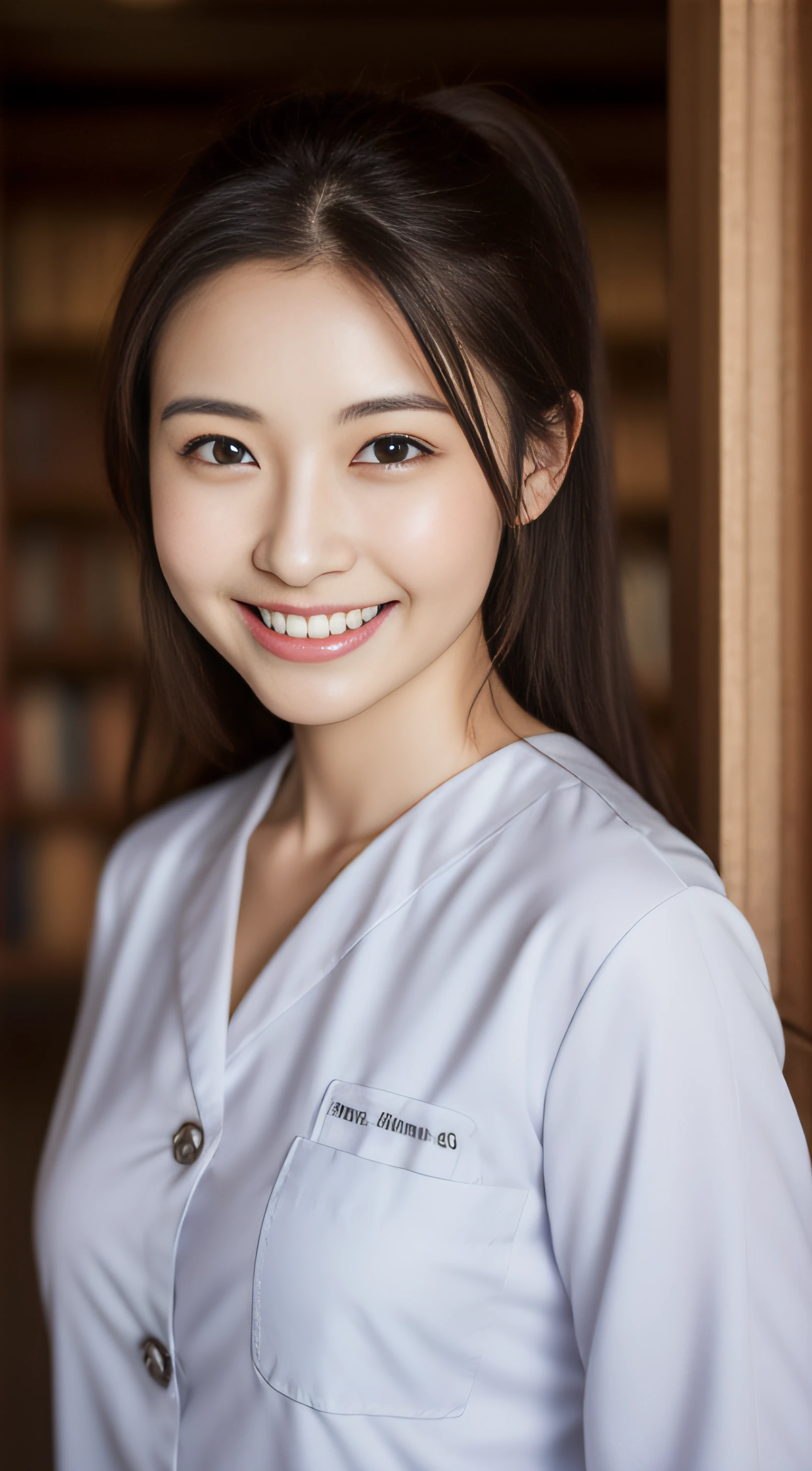 The face is a hostess、Clothes are nurse clothes、hiquality、A hyper-realistic、healthy、Smiling expression、Slender perfect figure、Japan beauties、beautidful eyes、face perfect、Beautiful skin、The background is the library、up of face