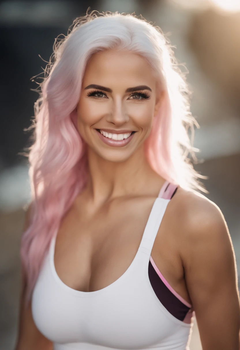 ultrarealistic fitness model with white pink hair, smiling, very happy, with big boobs, bright caramel eyes, yoga top, yoga pants, nike, white pink hair, very detailed