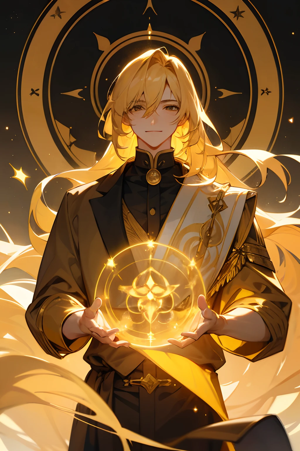 Create a man with unique characteristics, inspired by the sign of Leo and the cosmological stars An artistic representation of the essence of this sign, with striking features and a mysterious aura, Highlight golden traces of gold and golden lights, yellowish hair like gold and a confident smile Make clear the pride of the sign of Leo in its essence with a long and voluminous hair as a representation of the mane
