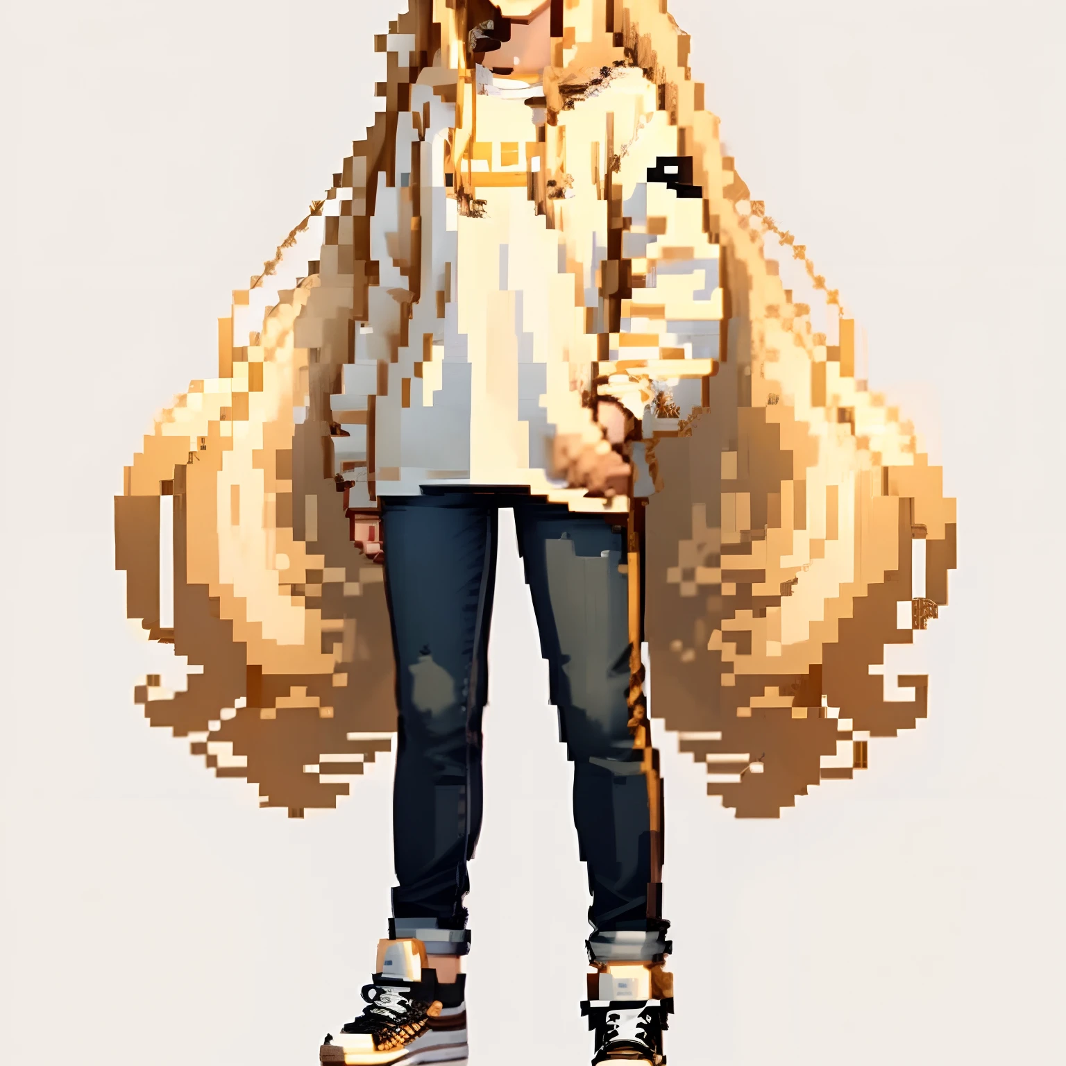 character concept art, white background, full body, standing, 1 girl, long and wavy golden hair, thin white long-sleeved shirt, jeans pants, black sneakers, , extremely beautiful, shy and timid pose, sketches of the character around you