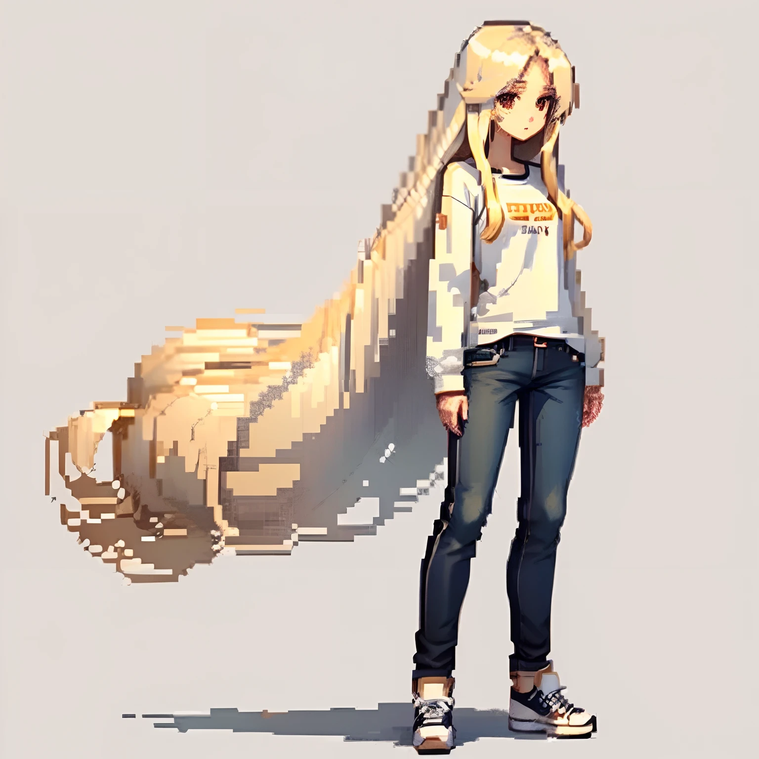 character concept art, white background, full body, standing, 1 girl, long and wavy golden hair, thin white long-sleeved shirt, jeans pants, black sneakers, , extremely beautiful, shy and timid pose, sketches of the character around you