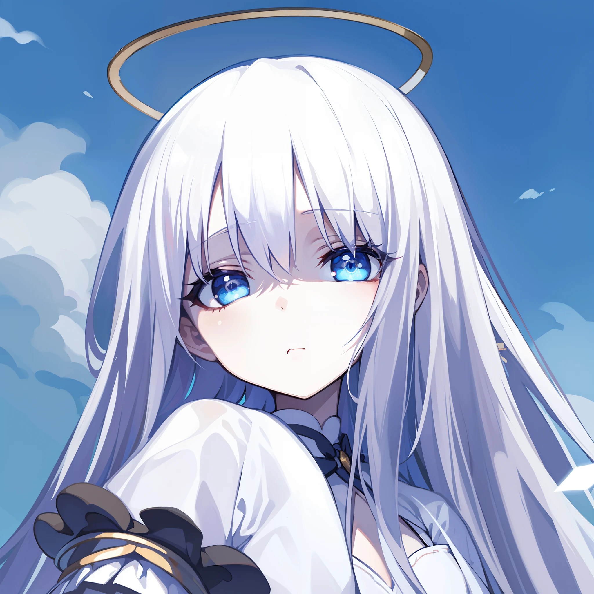 hiquality, tmasterpiece. the anime. (one girls). Angel. snow-white hair. white clothing. golden halo. Cyan eyes. Sullen face. Narrow mouth. Tired eyes. Against the background of the sky