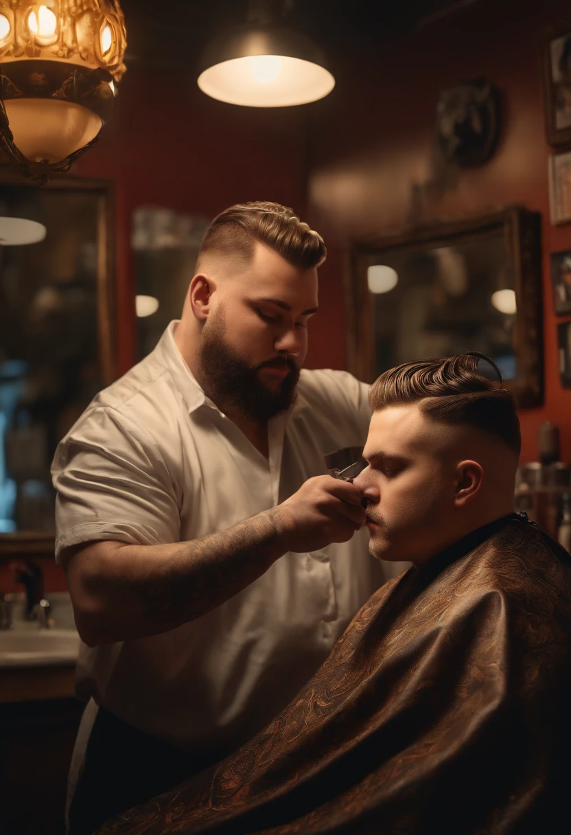 (best quality,ultra-detailed,realistic:1.2),portrait,painting,a fat realistic monster with multiple eyes getting a haircut at a barbershop, vibrant colors, warm lighting
