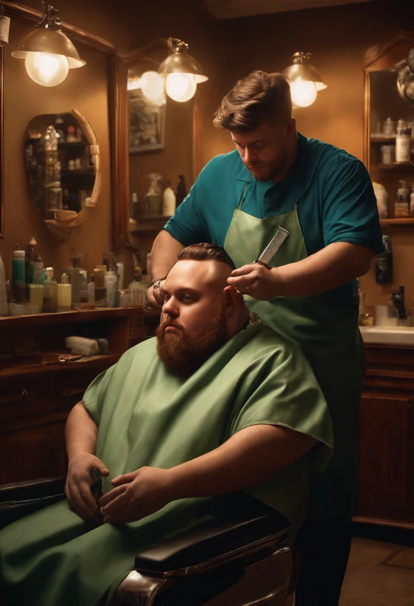 (best quality,ultra-detailed,realistic:1.2),portrait,painting,a fat realistic monster with multiple eyes getting a haircut at a barbershop, vibrant colors, warm lighting