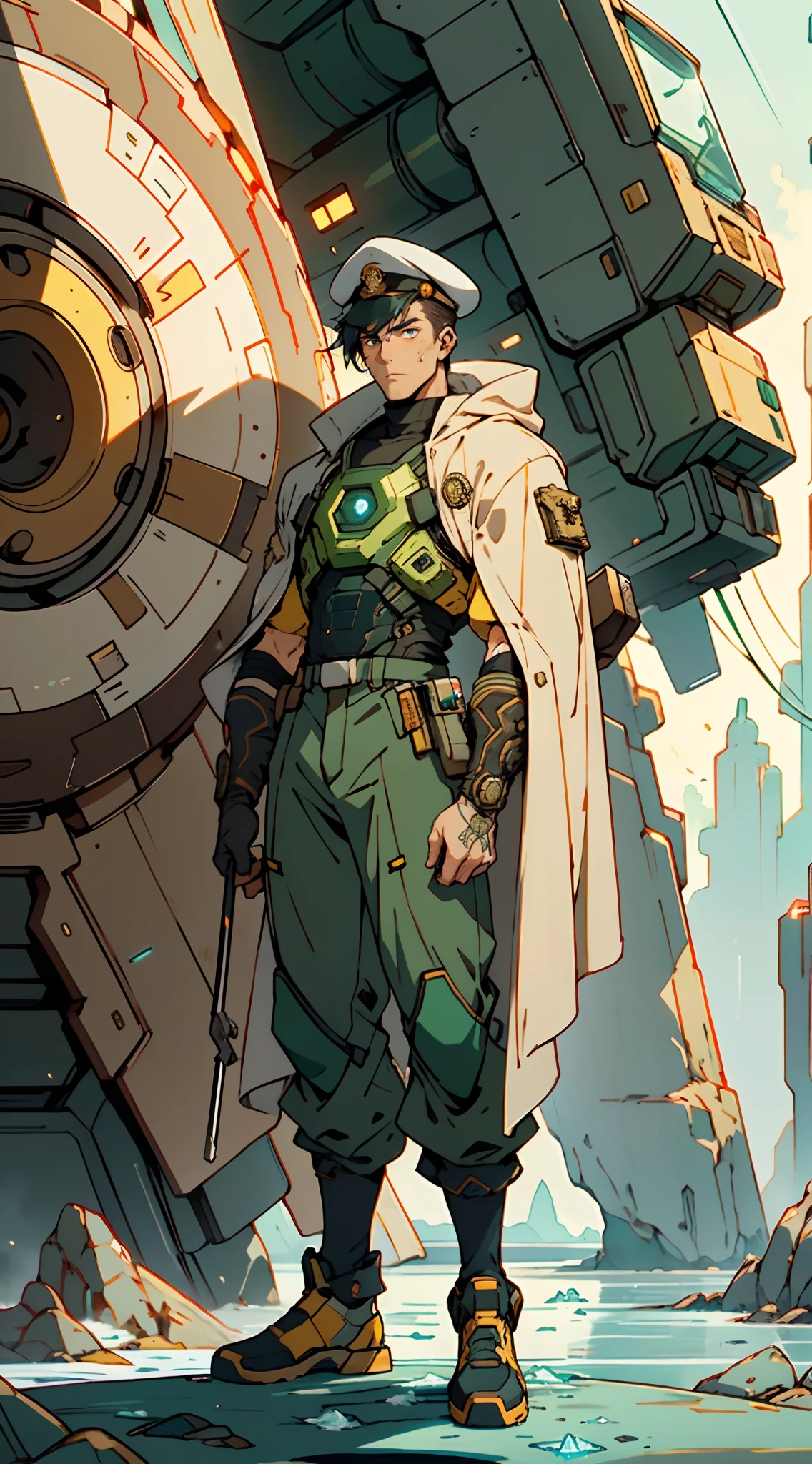 1 man, a man with black short hair, a beret on his head, icy and resolute eyes, a refined face, no expression, wears a two-piece futuristic military-style outfit, tall and slender, wears a light-colored Chinese-style undershirt, a short cape, primarily in shades of green and white, accented by touches of red and yellow, wears dark pants, holds a futuristic-style long metal rod in his hands, set within the futuristic sci-fi atmosphere of a spaceship, this character embodies a finely crafted a futuristic sci-fi military officer in anime style, characterized by an exquisite and mature manga illustration art style, high definition, best quality, highres, ultra-detailed, ultra-fine painting, extremely delicate, professional, anatomically correct, symmetrical face, extremely detailed eyes and face, high quality eyes, creativity, RAW photo, UHD, 8k, Natural light, cinematic lighting, masterpiece:1.5