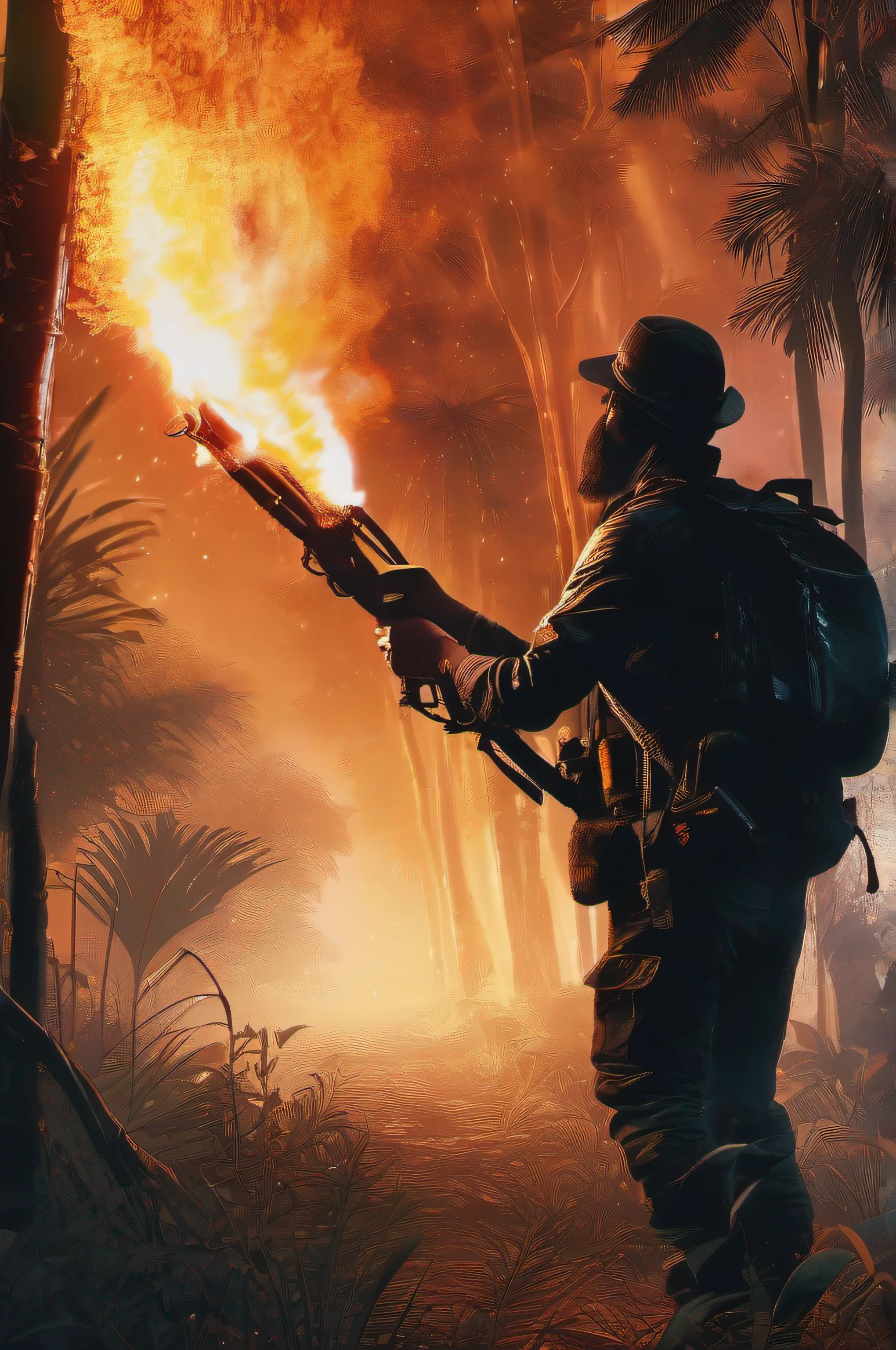 noite escura, Man dressed in black with flamethrower, In the Amazon rainforest, Camping in the Amazon rainforest, fire, Chamas, fire, cabines em chamas, people panicking, caos, flamethrower attack, dramatic light, hiper-realismo, UltraHD , high level of detail, 2:3.
