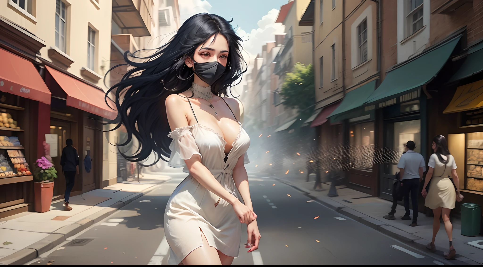 Uma garota negra, with long black hair and a face covered in a white blur, walking down a street in a city while playing a handheld video game