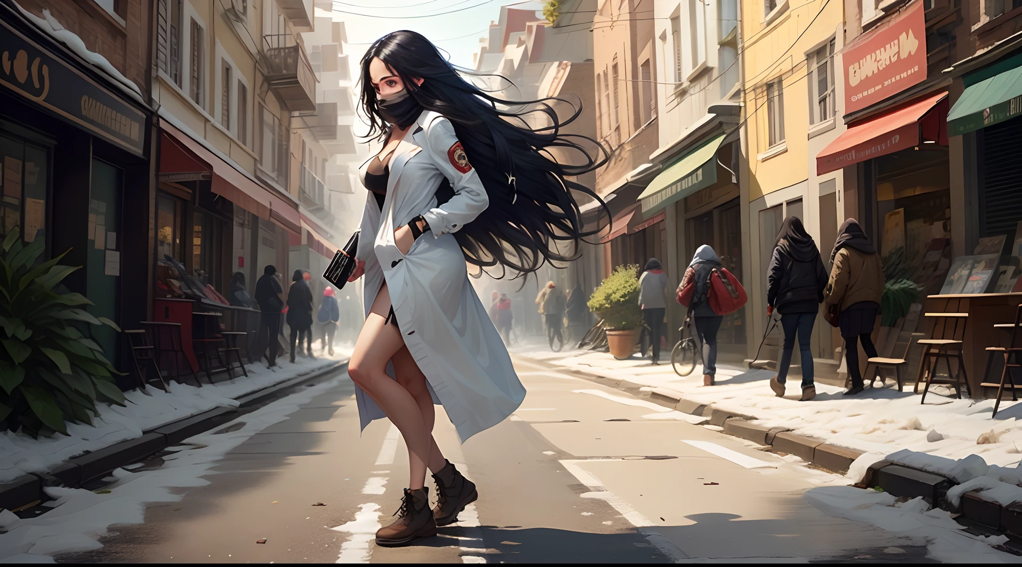 Uma garota negra, with long black hair and a face covered in a white blur, walking down a street in a city while playing a handheld video game