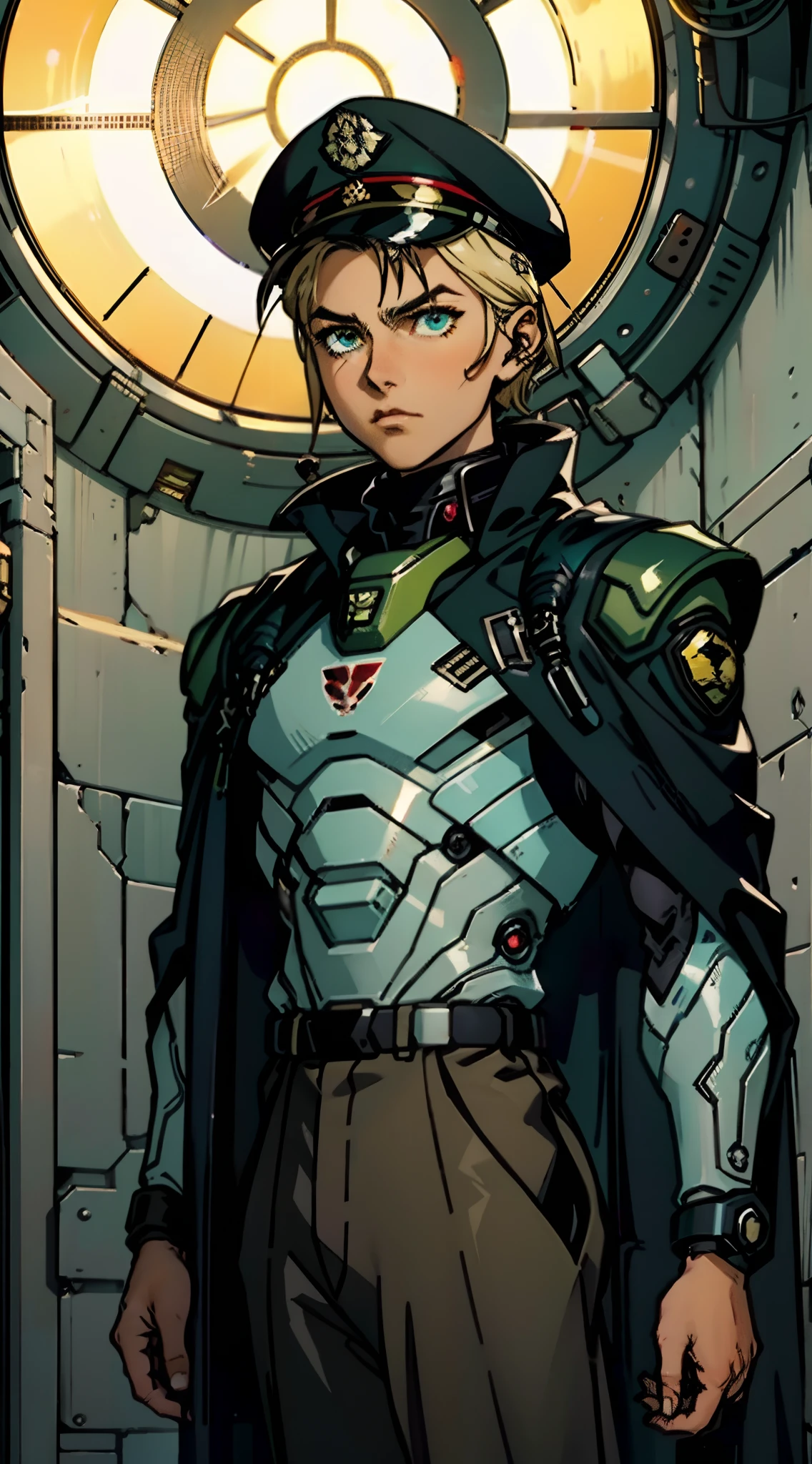 1 man, a man with black short hair, a beret on his head, icy and resolute eyes, a refined face, no expression, wears a two-piece futuristic military-style outfit, tall and slender, wears a light-colored Chinese-style undershirt, a short cape, primarily in shades of green and white, accented by touches of red and yellow, wears dark pants, holds a futuristic-style long metal rod in his hands, set within the futuristic sci-fi atmosphere of a spaceship, this character embodies a finely crafted a futuristic sci-fi military officer in anime style, characterized by an exquisite and mature manga illustration art style, high definition, best quality, highres, ultra-detailed, ultra-fine painting, extremely delicate, professional, anatomically correct, symmetrical face, extremely detailed eyes and face, high quality eyes, creativity, RAW photo, UHD, 8k, Natural light, cinematic lighting, masterpiece:1.5