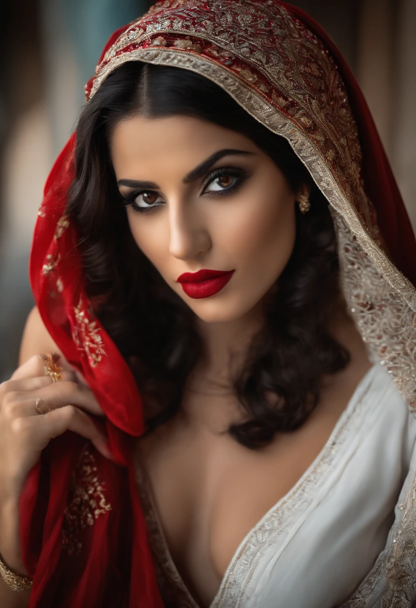 ((beau)+(attractif:0.9)+(Sensuel:0.8)) Femmes arabes blanches ((nerd:0.8)+(charmant)+(peau propre)) with hazel eyes and red lips. Medium dark black hair, ((yeux intenses))