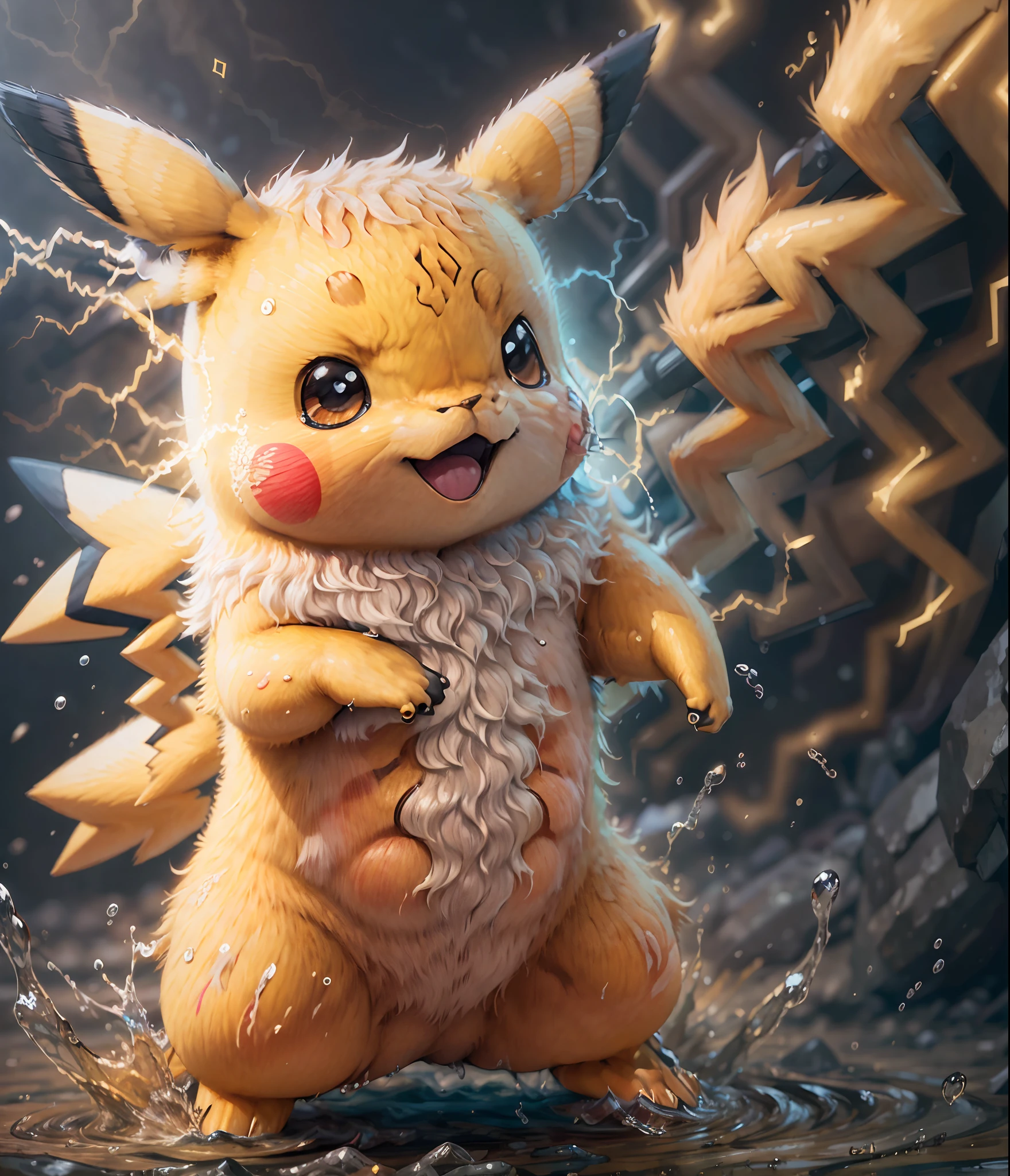 master part,melhor qualidade, illustration, Pikachu, belo brilho detalhado,(chamas de guerra:1.2),Chuva,Detailed lighting,detailed water,(belos olhos detalhados:1.1), expression,