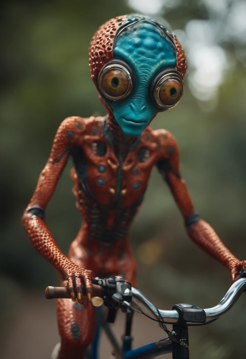 Make an alien with multiple eyes on your head, andando de bicicleta
