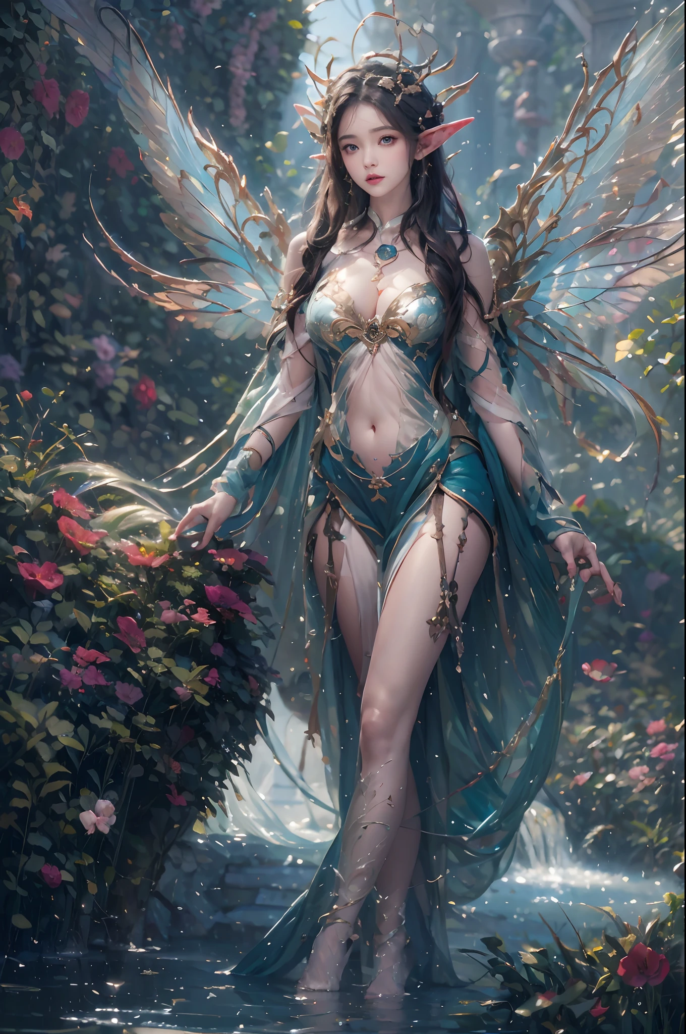 ( Absurd, High quality, Ultra-detailed, Masterpiece, concept-art, smooth, high detail artwork, Hyper-realistic painting ) , elf, Plum elf, plum , Transparent fairy wings, huge tit，low chest，fairytale-like, Romantic, Vivid, Whole body, In nature with waterfalls，pureerosface_v1，ulzzang-6500-v1.1，