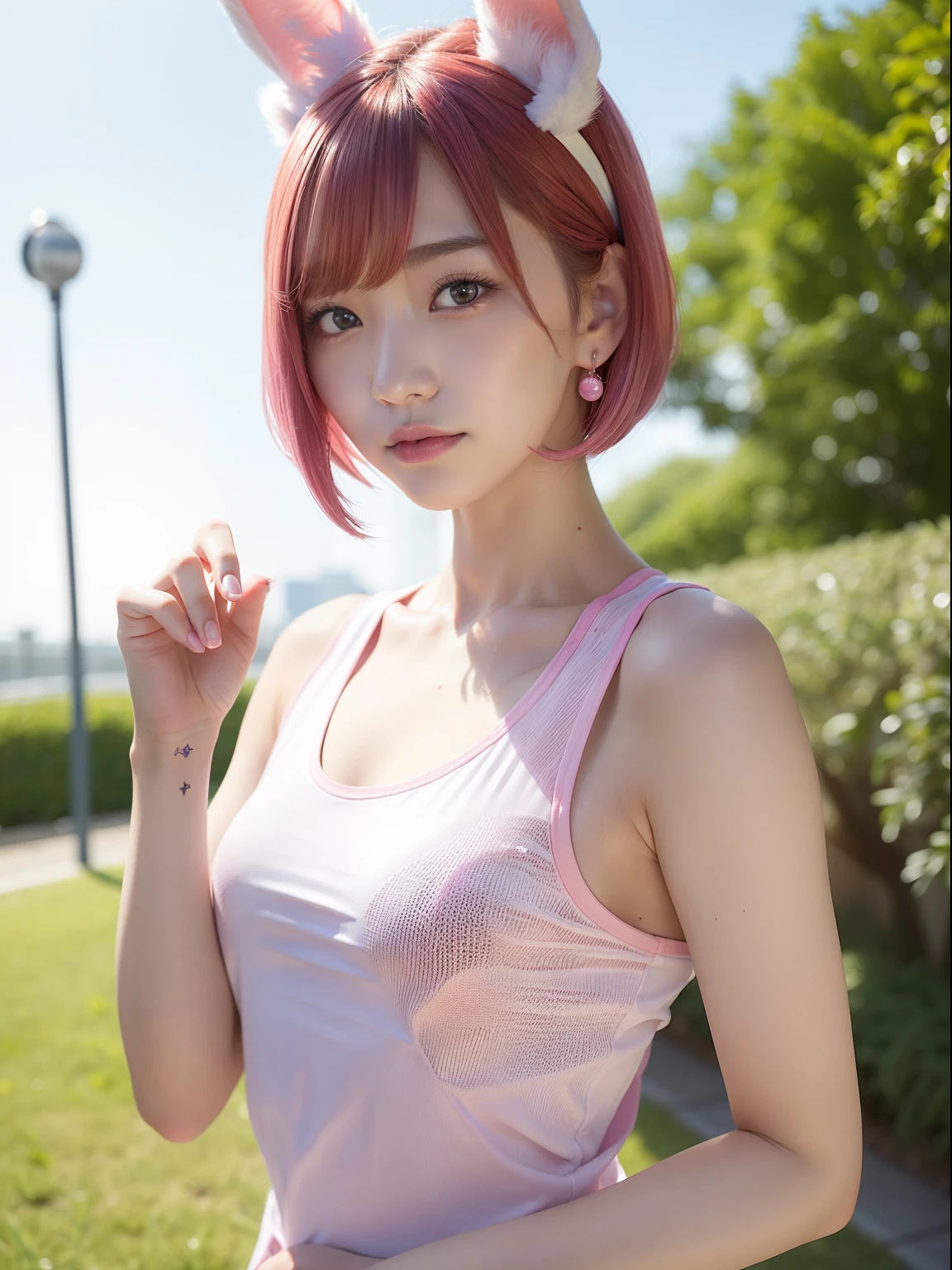 Morning park、White tank top、Running pants、Pink short cut hair，(8K, top-quality, ​masterpiece:1.2), (realisitic, Photorealsitic:1.37), ultra-detailliert, 1 girl in, Whole body esbifa layer、cute little、独奏、Beautiful detailed night sky、tiny chest、small tits、（short-hair：1.2）、Floating Hair NovaFrogStyle、masuter piece、Pink Shortcut Bob、Realistic rabbit ears、Pink realistic rabbit ears、Realistic ears of rabbits sticking out of the head、Pink hair、Beautiful girl in her 20s、Bewitching atmosphere、Beautiful shaped hands、K-POP、Pink rabbit ears、1 girl in、独奏、​masterpiece、top-quality、realisitic、Hyper-detailing、(Glossy skin:1.4)、absurderes、short pink hair、Slender beauties、动态照明、hight resolution、foco nítido、depth of fields、(thick thight:1.0)、A slender :1.2，((Short-cut bob hair))、((k pop:1.3))，Highly detailed facial and skin texture、((魅惑的))，Anatomically correct number of fingers，Correct anatomy