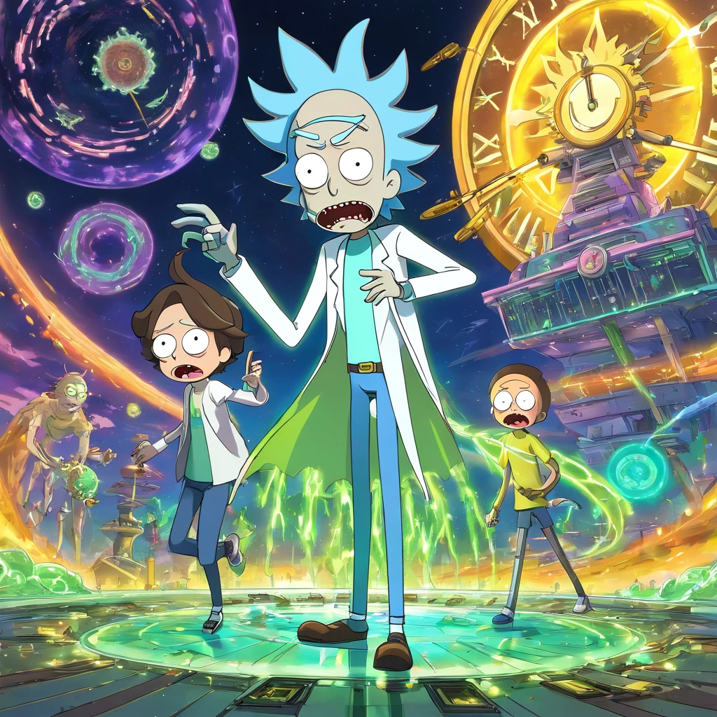 title: "Chronological chaos"
Sinopse: In the episode "Chronological chaos" de Rick and Morty, a crazy new invention by Rick accidentally messes up the entire time continuum, leading to a chaotic collision of different timelines. The narrative begins when Rick, em uma tentativa de aprimorar seu controle sobre as viagens no tempo, cria um "Cronomix Watch" which promises to synchronize all temporal dimensions in a single line.
No entanto, something goes wrong during an experiment and the Cronomix Clock explodes, creating a time wave that distorts and mixes countless versions of Rick and Morty from various realities. A partir desse momento, different incarnations of Rick and Morty begin to appear in the main timeline, com personalidades e objetivos completamente diversos.
A medida que a trama se desenrola, os Ricks e Mortys de diferentes realidades se encontram e interagem, creating situations both hilarious and tense. Some band together to try to fix the damage done by the Cronomix Clock, while others have agendas of their own, including conquering the multiverse or simply enjoying the confusion.
A linha entre aliados e inimigos se torna turva, since the characters have to face their alternate versions and deal with ethical and moral dilemmas involving the manipulation of time. The action unfolds in chaotic and surreal settings, where reality is constantly reshaping itself as different timelines collide.
Enquanto Rick e Morty lutam para restaurar a ordem temporal, They find themselves confronting not only the consequences of their own actions, but also exploring the complexity of the choices made in multiple realities. The episode addresses deep questions about free will, Identity and the implications of controlling time.
At the climax of the episode, Rick and Morty must find a way to reverse the damage done by the Cronomix Clock and separate the intertwined timelines. No entanto, They learn a valuable lesson