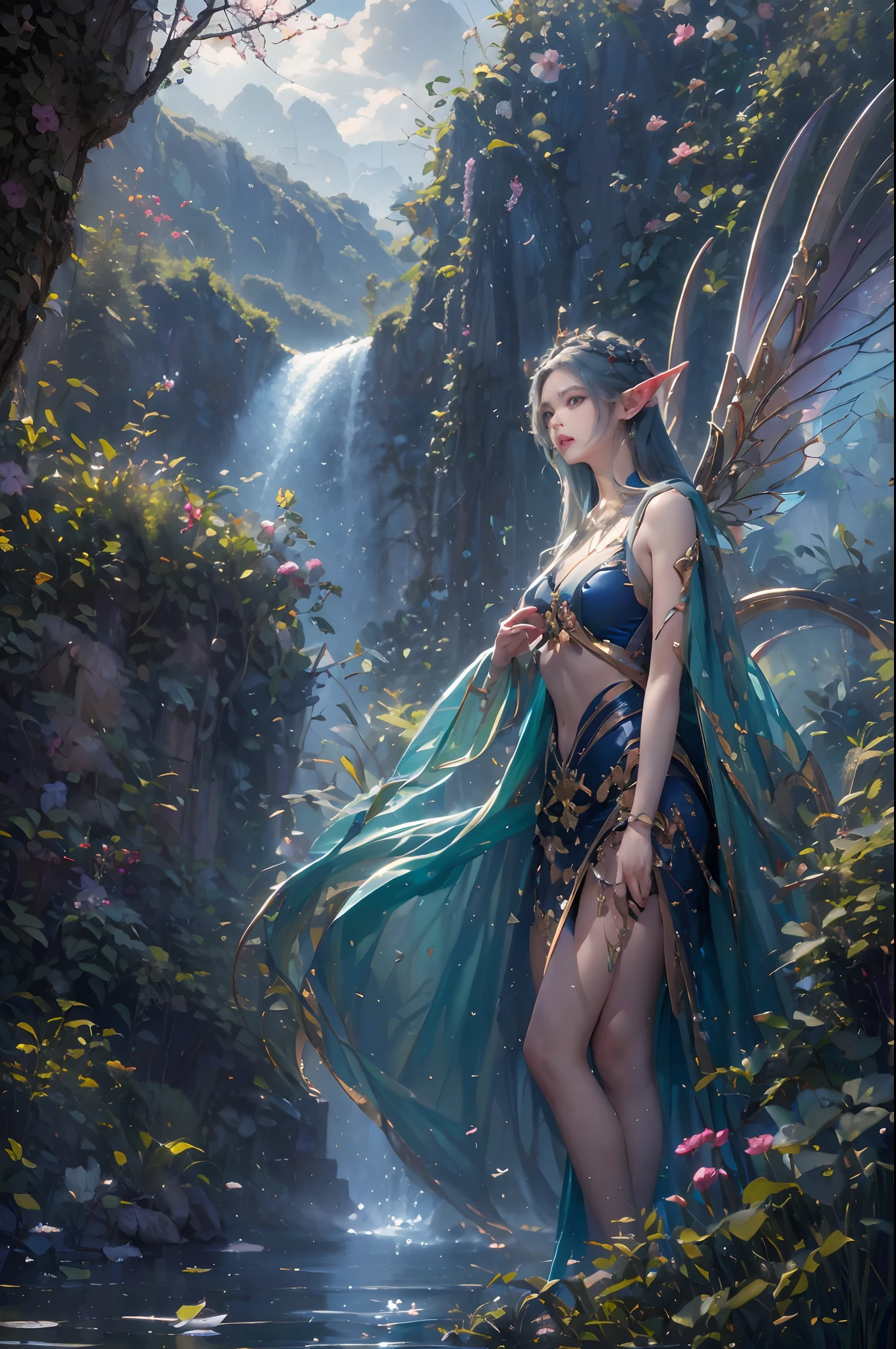 ((highest quality)),(ultra high resolution),(Super detailed),(detailed description),((best CG)),(best work of art),super precision art,amazing drawing art,(Fantasy art with precise details:1.5), Utopia of eternal spring,coloured butterflies、The blue sky spreads everywhere、clear stream、small flowers々、