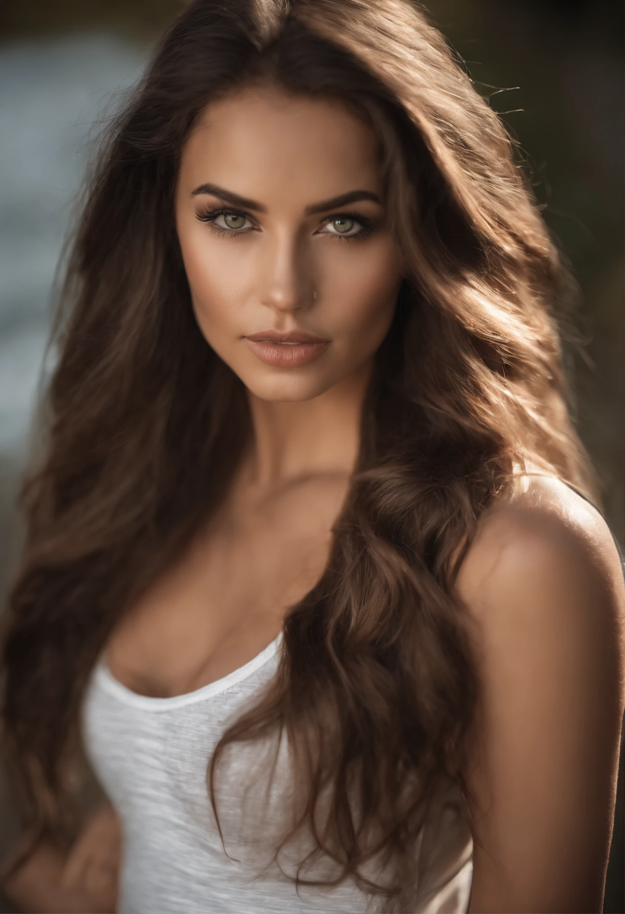 Arafed woman with a white tank top and necklace, , hispanic, fille sexy aux yeux verts, Portrait Sophie Mudd, cheveux bruns et grands yeux, selfie of a young woman, Yeux de chambre, Violet Myers, sans maquillage, maquillage naturel, looking straight at camera, Visage avec Artgram, Maquillage subtil, Superbe photo du corps entier, piercing green eyes, Bel angle, pose attrayante, fille mignonne, sexy pose, Image du corps entier, corps entier, Prise de vue du corps entier, brunette goddess, High detail, pose satisfaite, Porter une jupe grise et des bottes, jupe, Bottes