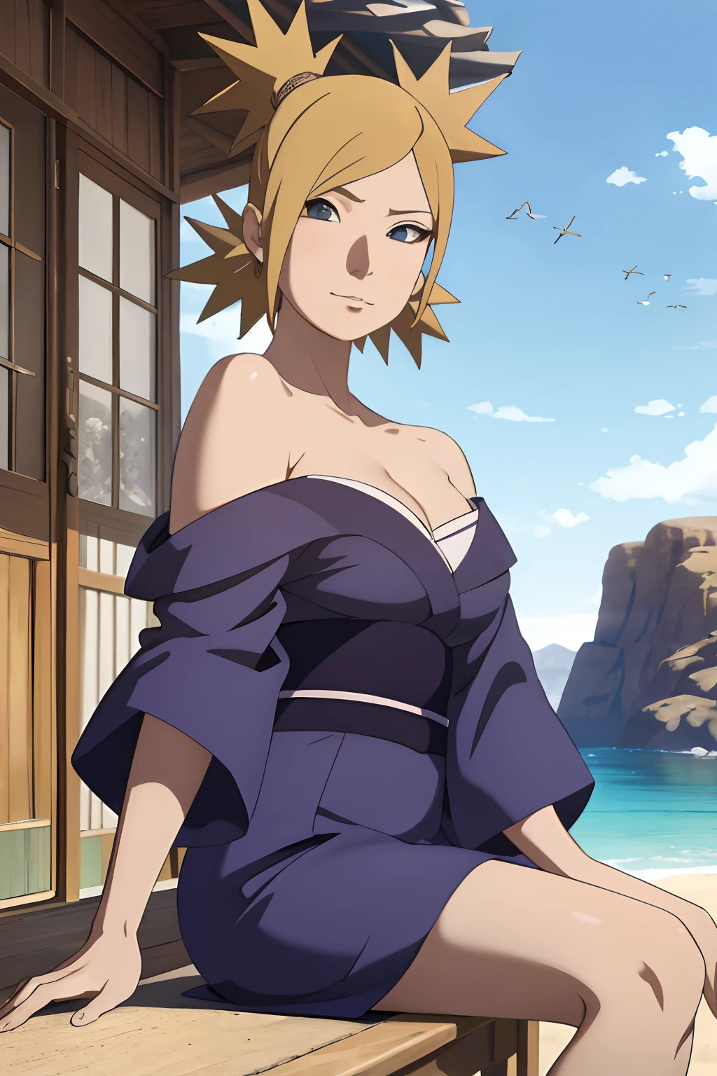 Masterpiece, absurderes , (Intricate details), (Colorful),cleavage，Off-the-shoulder attire，Cinematic lighting,Bust Up Shot,Extremely detailed Cg Unity 8K wallpaper,Temari\(Boruto\), 1girll, Mature female,blue kimono,  Sitting, Outdoors,Wind,  view the viewer,ssmile