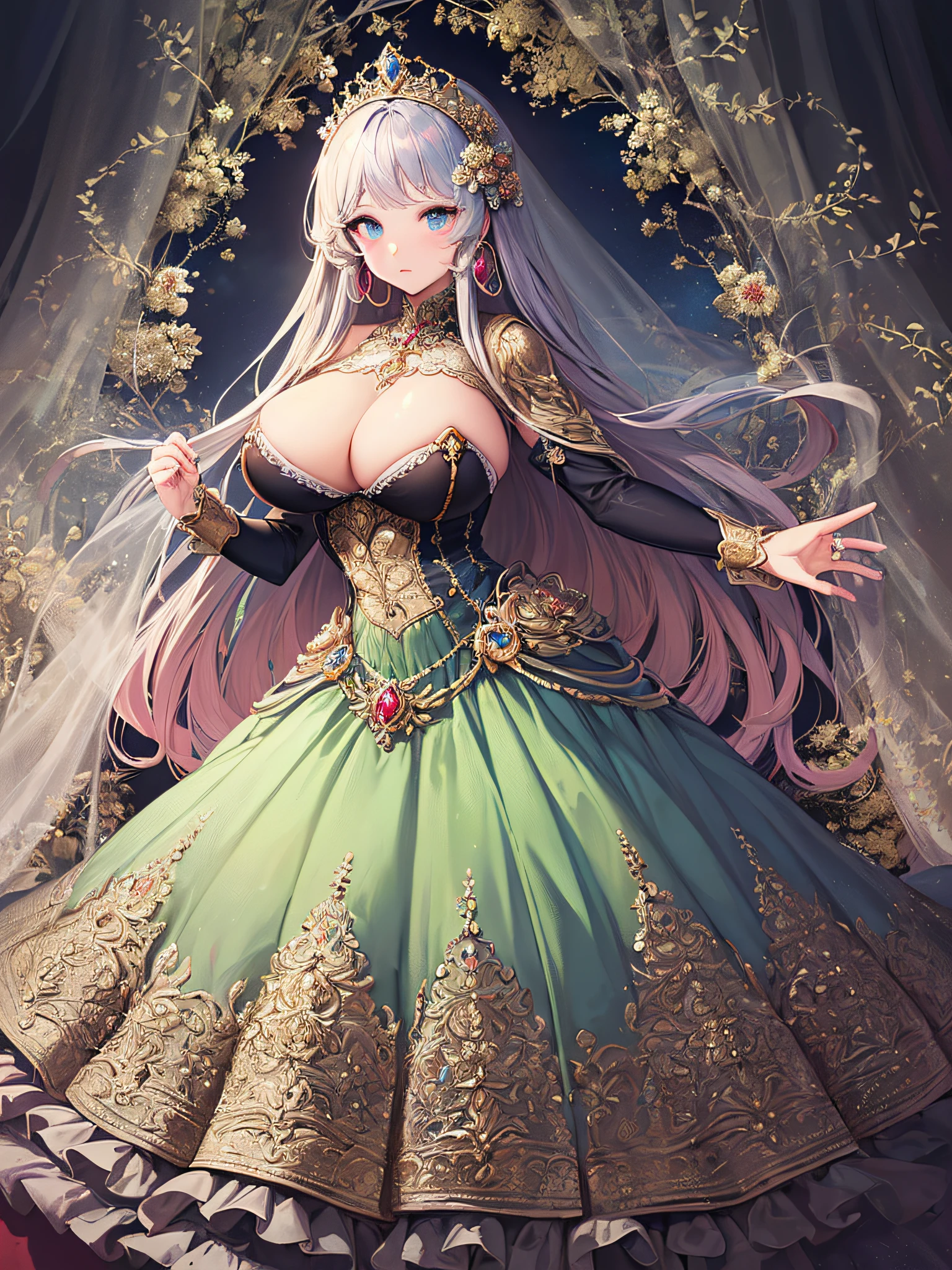 (masterpiece, best quality,extremely detailed:1.1),(moe anime art style:1.3),1girl,((full body,focus face)),((solo)), cute, kawaii,digital art,((1 princess wearing beautiful embroidery and jeweled gorgeous princess rococo ballgown with voluminous full length hoop skirt)),((crinoline)),long train,voluminous frills,See-through,(gorgeous embroidery and beautiful lace),(((gigantic boobs,skindentation))),cleavage,shiny hair,(((very long hair,very long straight hair))),((finely detailed face and eyes)),clear pupil,extremely gorgeousfull hair ornament,(bling-bling jeweled extremely gorgeousfull tiara),(bling-bling gorgeous gemstone jewelry),long veil,(beautiful background),full body,((beautiful embroidery and jeweled gorgeous princess rococo ballgown with voluminous full length hoop skirt))