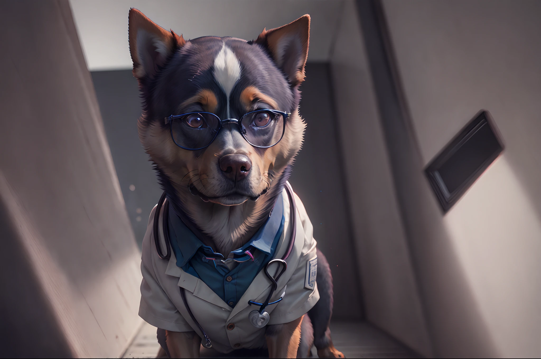dog wearing doctor coat and glasses