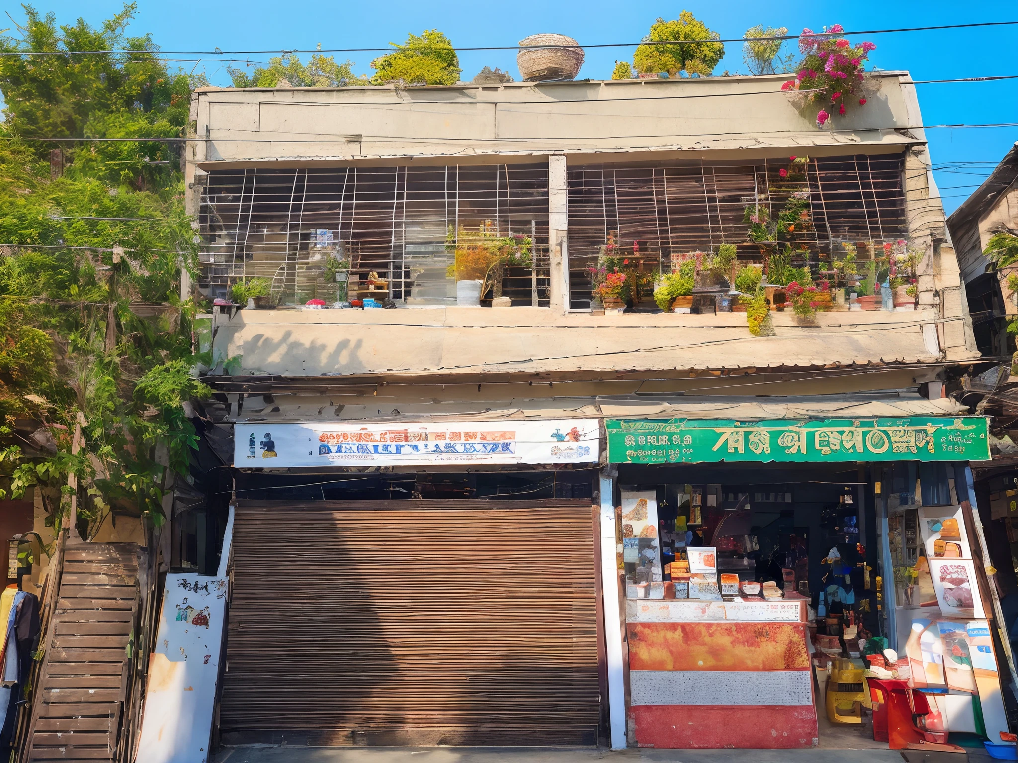 there is a store with a bunch of flowers on the roof, , quirky shops, well maintained, shop front, house's and shops and buildings, building facing, assamese aesthetic, photo for a store, nepali architecture buildings, store, kalighat highly detailed, seen from outside, 7 7 7 7, street level view, front side