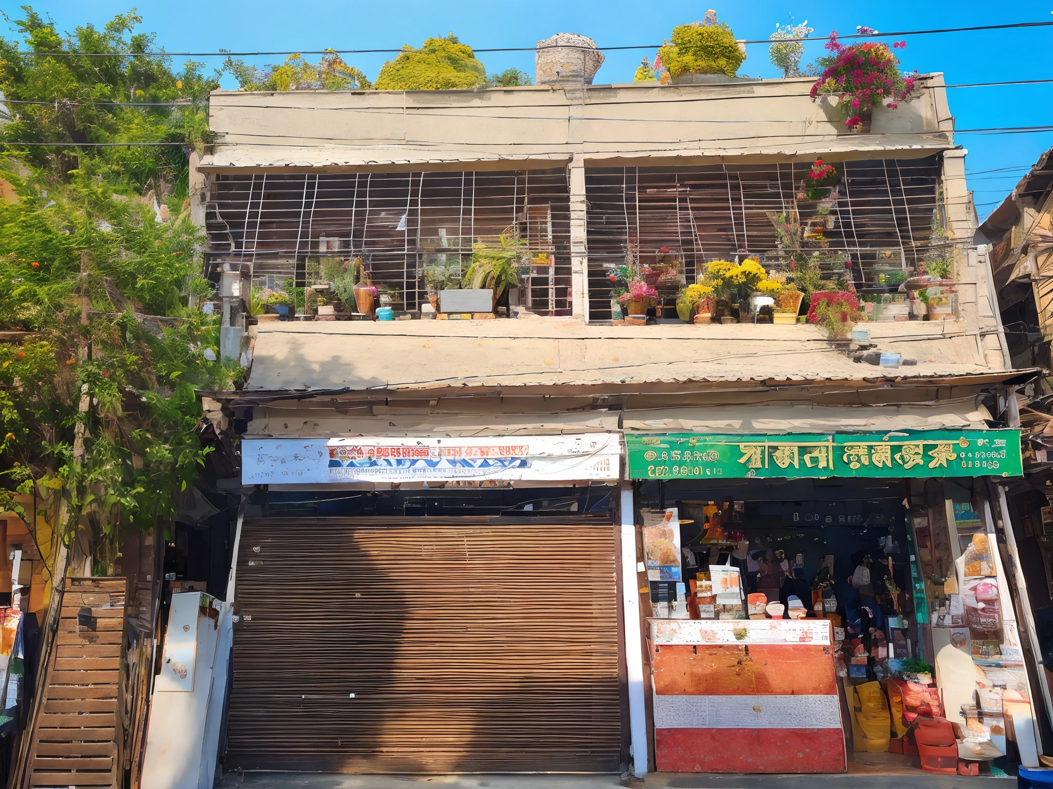 there is a store with a bunch of flowers on the roof, , quirky shops, well maintained, shop front, house's and shops and buildings, building facing, assamese aesthetic, photo for a store, nepali architecture buildings, store, kalighat highly detailed, seen from outside, 7 7 7 7, street level view, front side