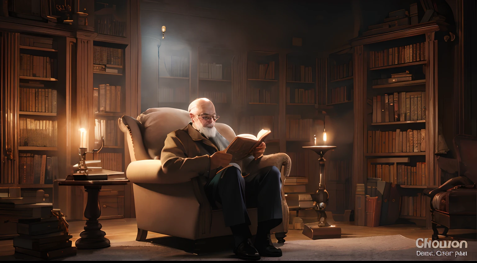 CLOSE-UP, we have a cozy corner with an armchair, a shelf full of books and a lit fireplace. an elderly man with white hair and glasses is sitting in an armchair with a book in his hands 3d
