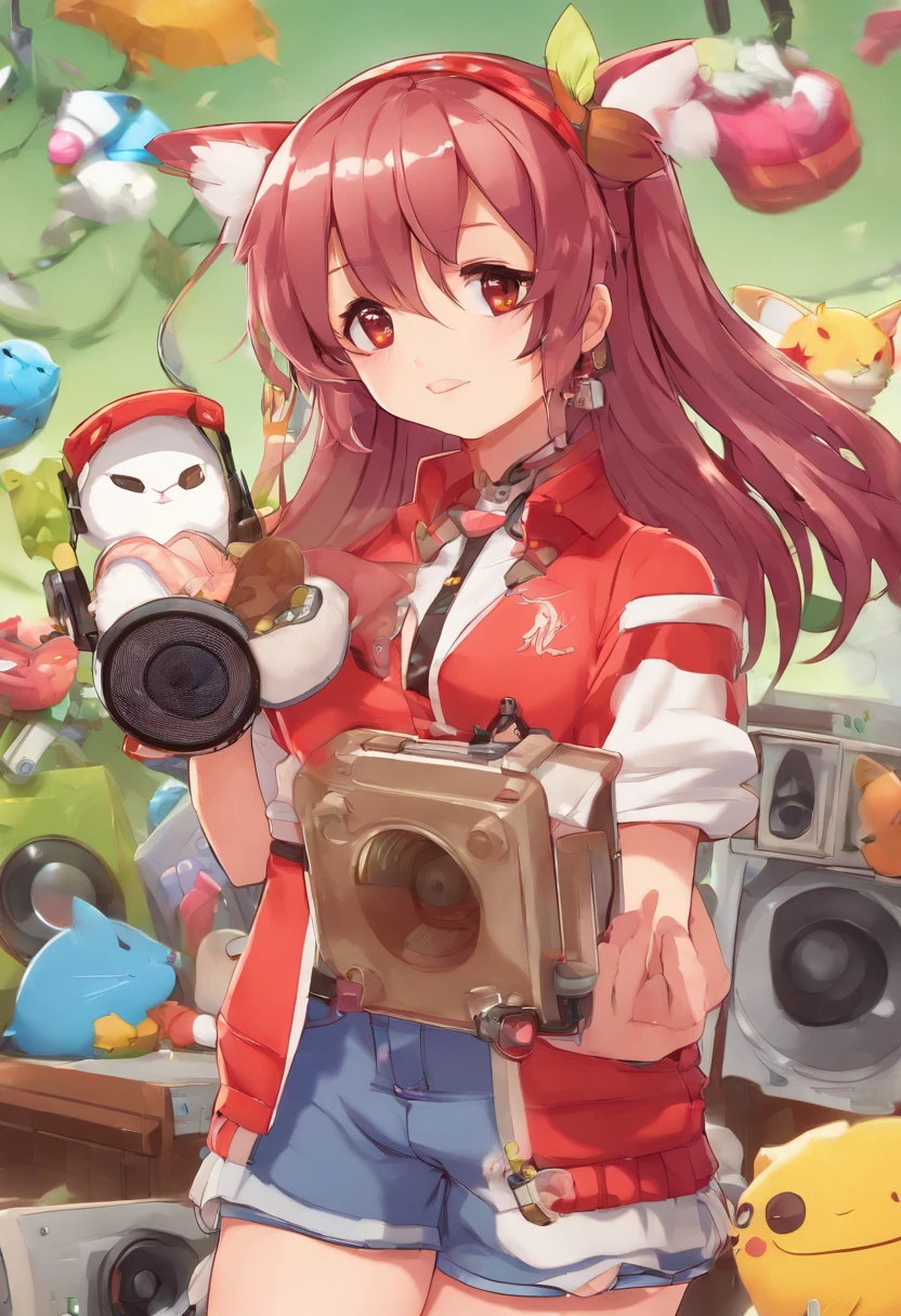 cartoon of a girl with a pair of speakers, guilty gear art style, fully robotic!! catgirl, nekomimi, badass pose, digital art from danganronpa, demonic atmosphere, cel - shaded art style, artistic render of reimu hakurei, anime style”, reimu hakurei, sonic oc, unknown artstyle